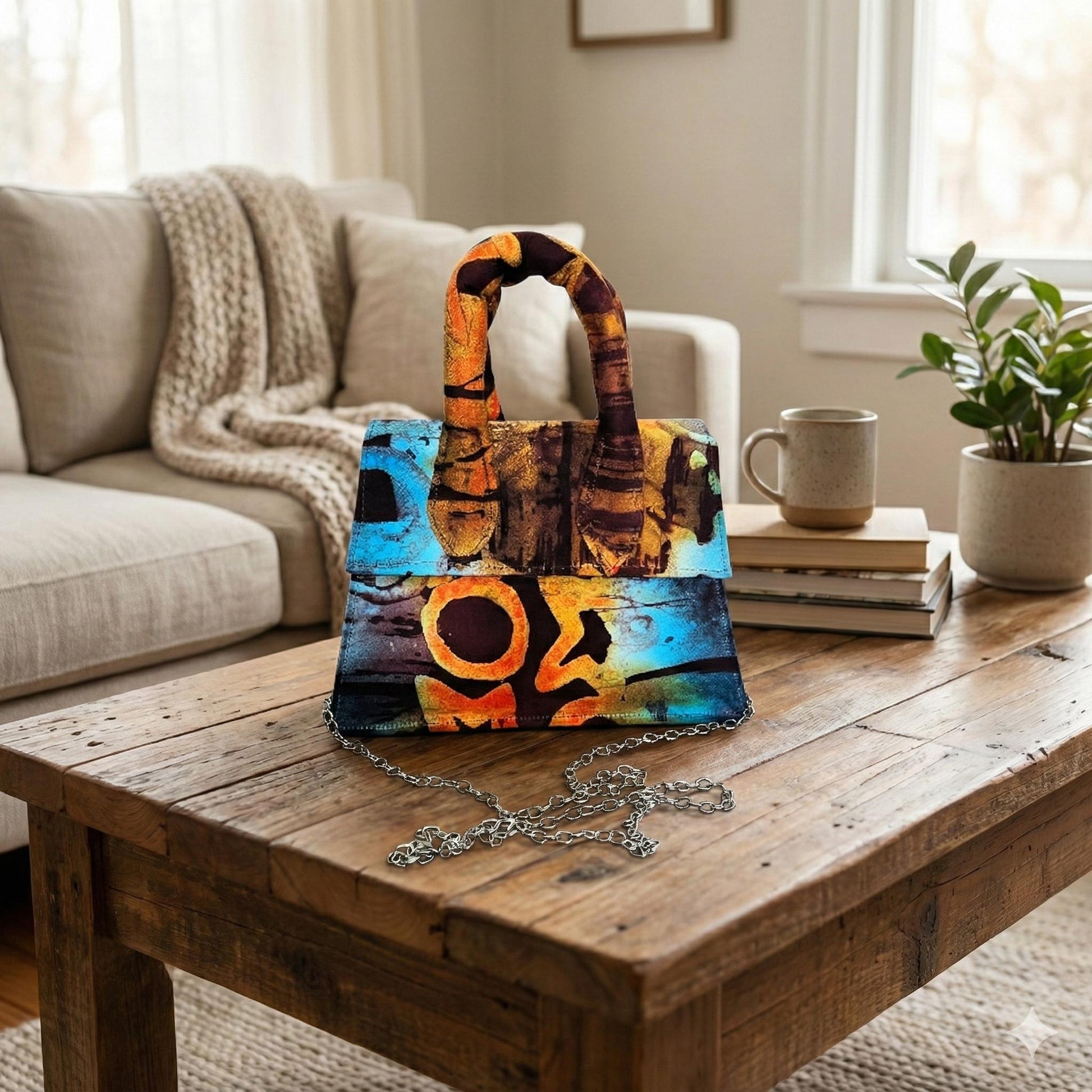 Colorful Batik handbag with abstract design on a wooden coffee table in a living room.