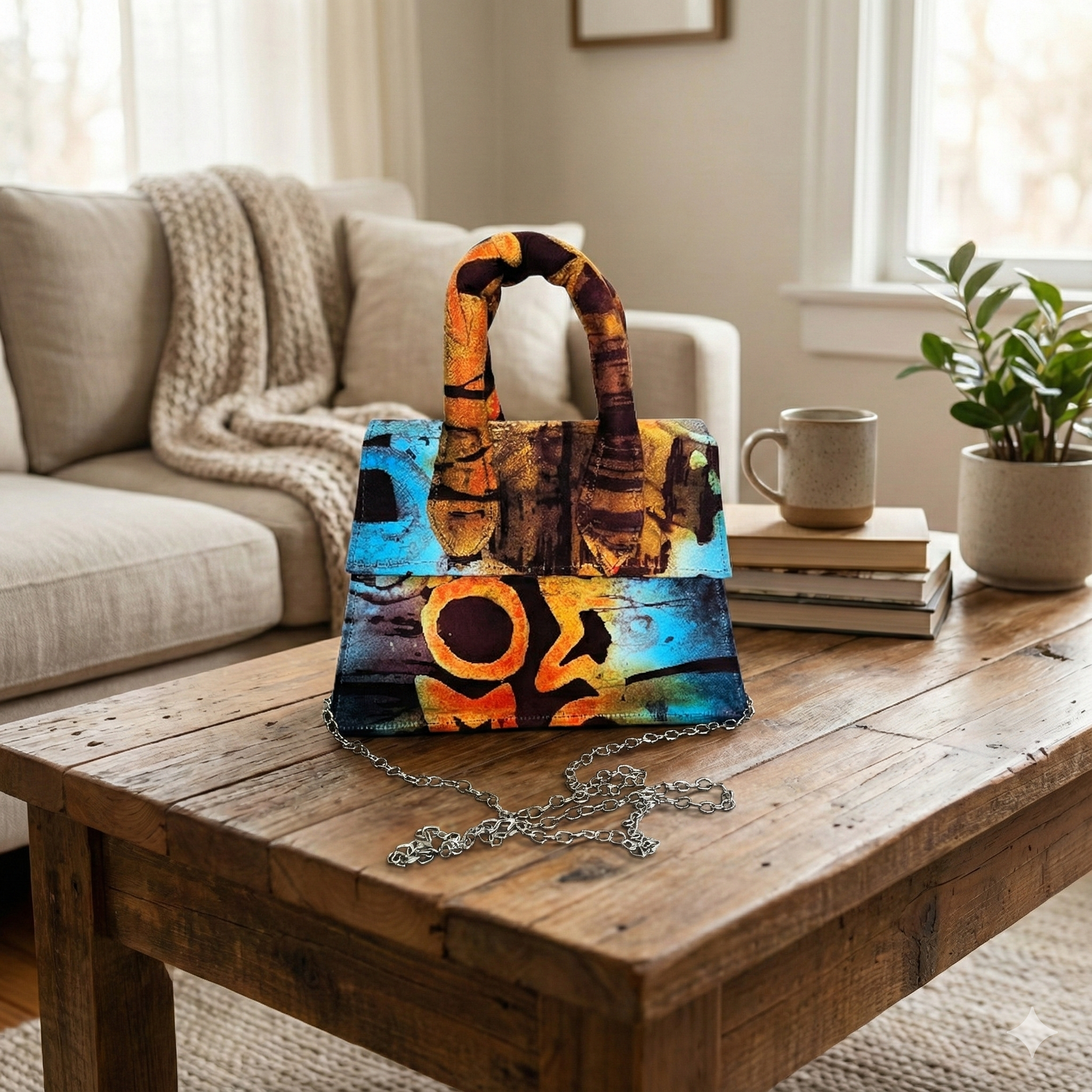 Colorful Batik handbag with abstract design on a wooden coffee table in a living room.