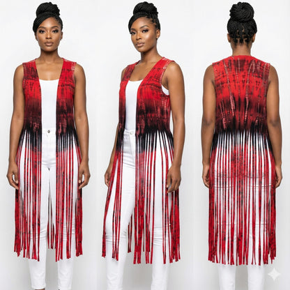 Woman wearing a red, black, and white striped dress with a long fringe 