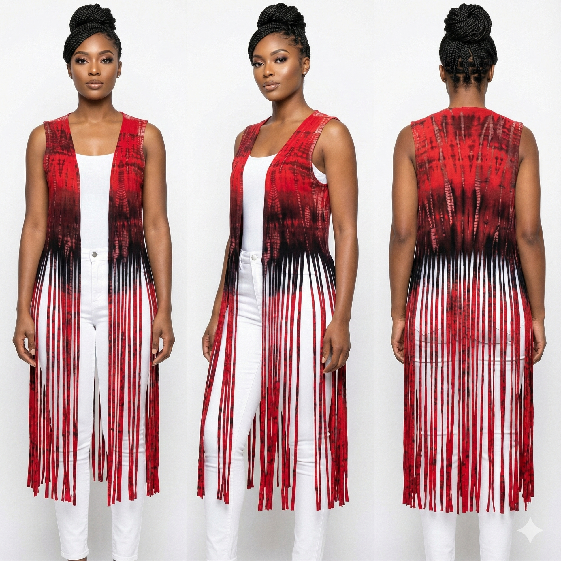 Woman wearing a red, black, and white striped dress with a long fringe 