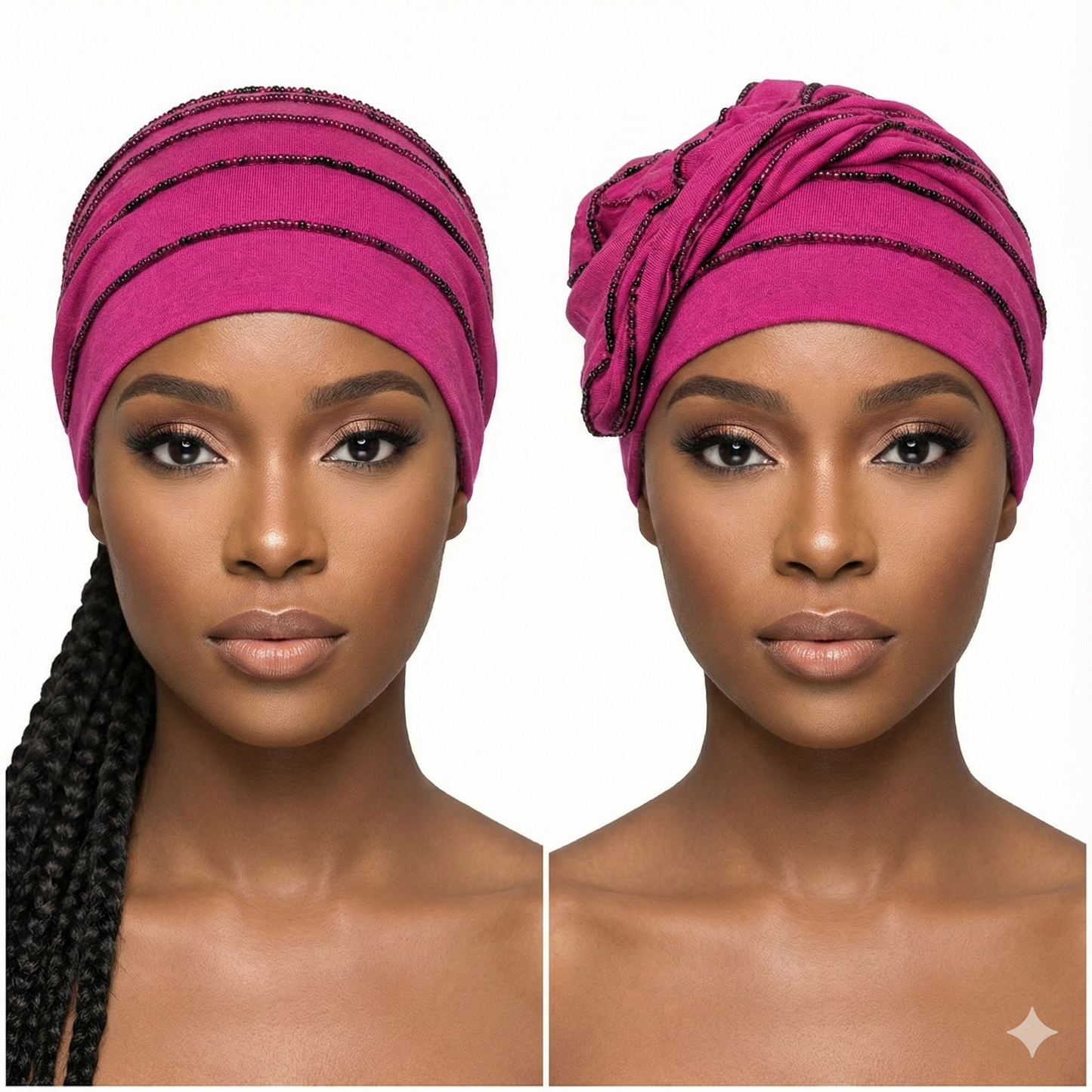 Two views of a woman wearing a pink hat with black stripes on a white background