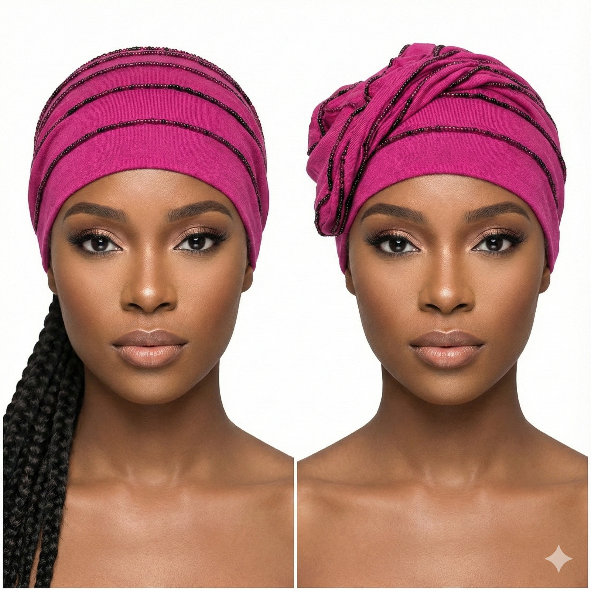 Two views of a woman wearing a pink hat with black stripes on a white background