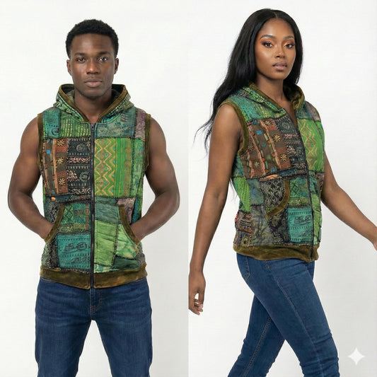 Man and Woman wearing a patchwork vest on a white background
