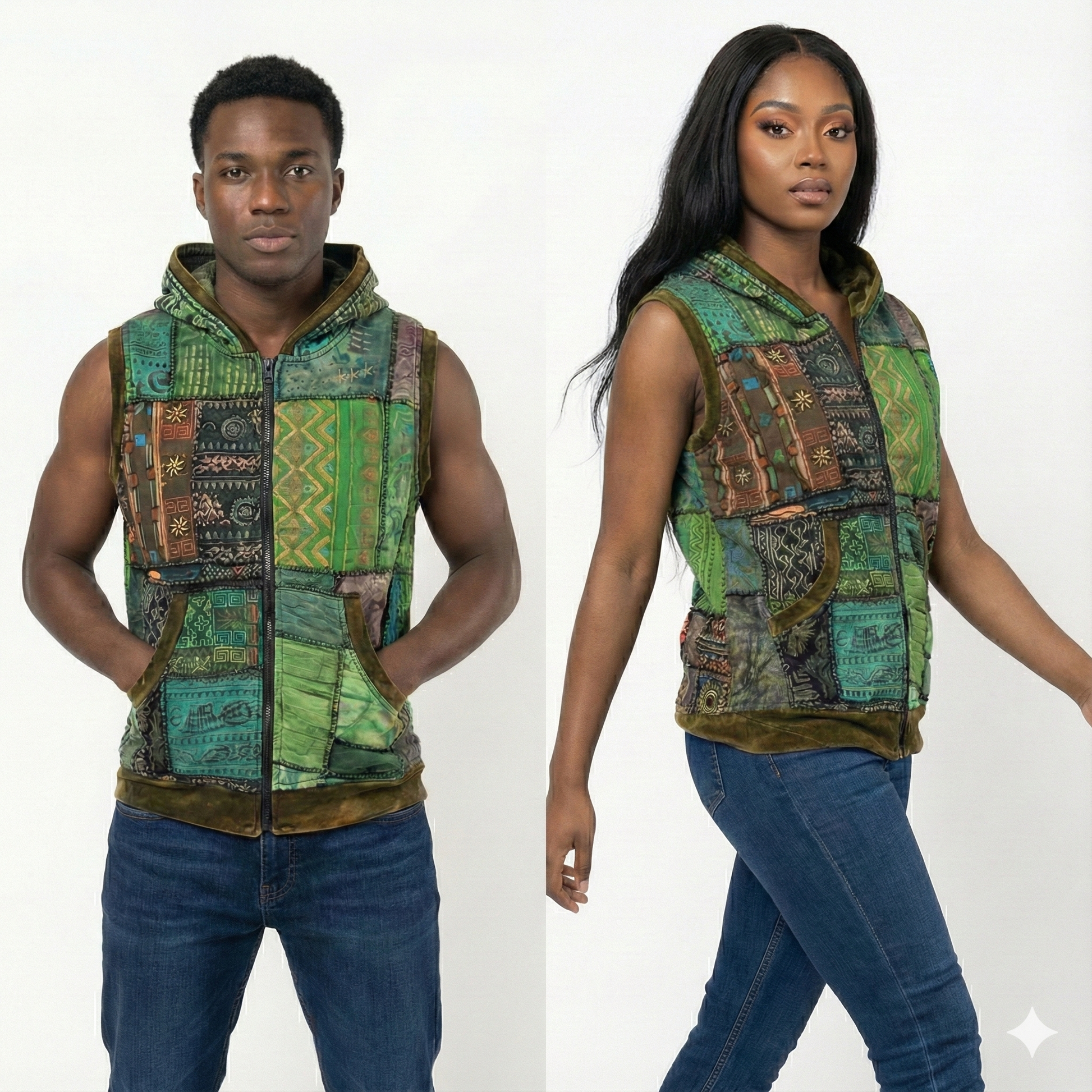 Man and Woman wearing a patchwork vest on a white background