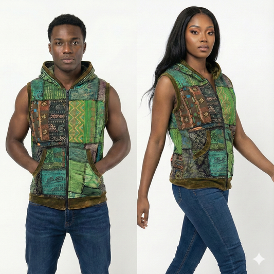 Man and Woman wearing a patchwork vest on a white background