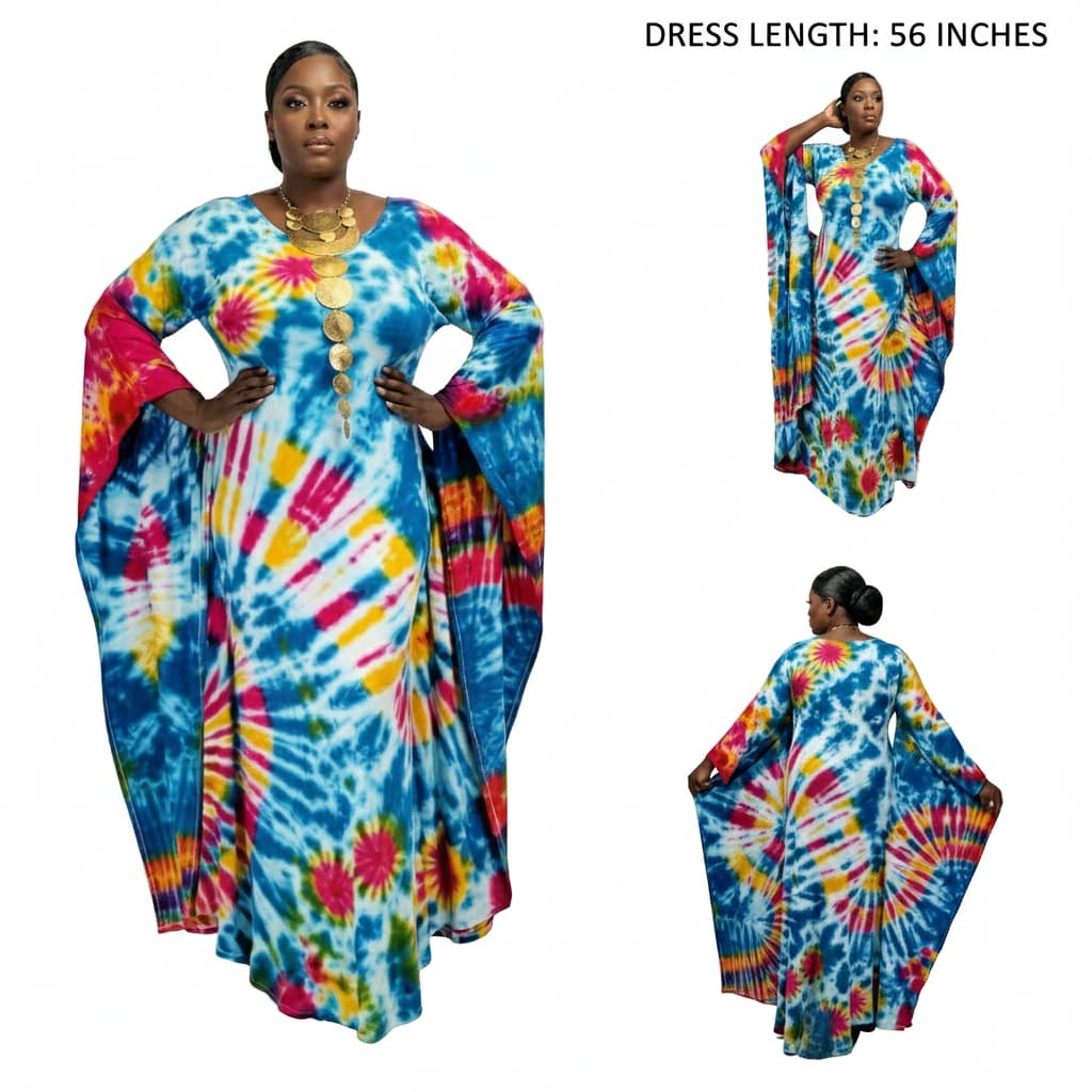 Woman wearing a colorful tie-dye dress with measurements displayed.-Sanjules