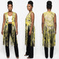 Woman wearing a yellow and black vest  fringe details, shown from front, side, and back views.