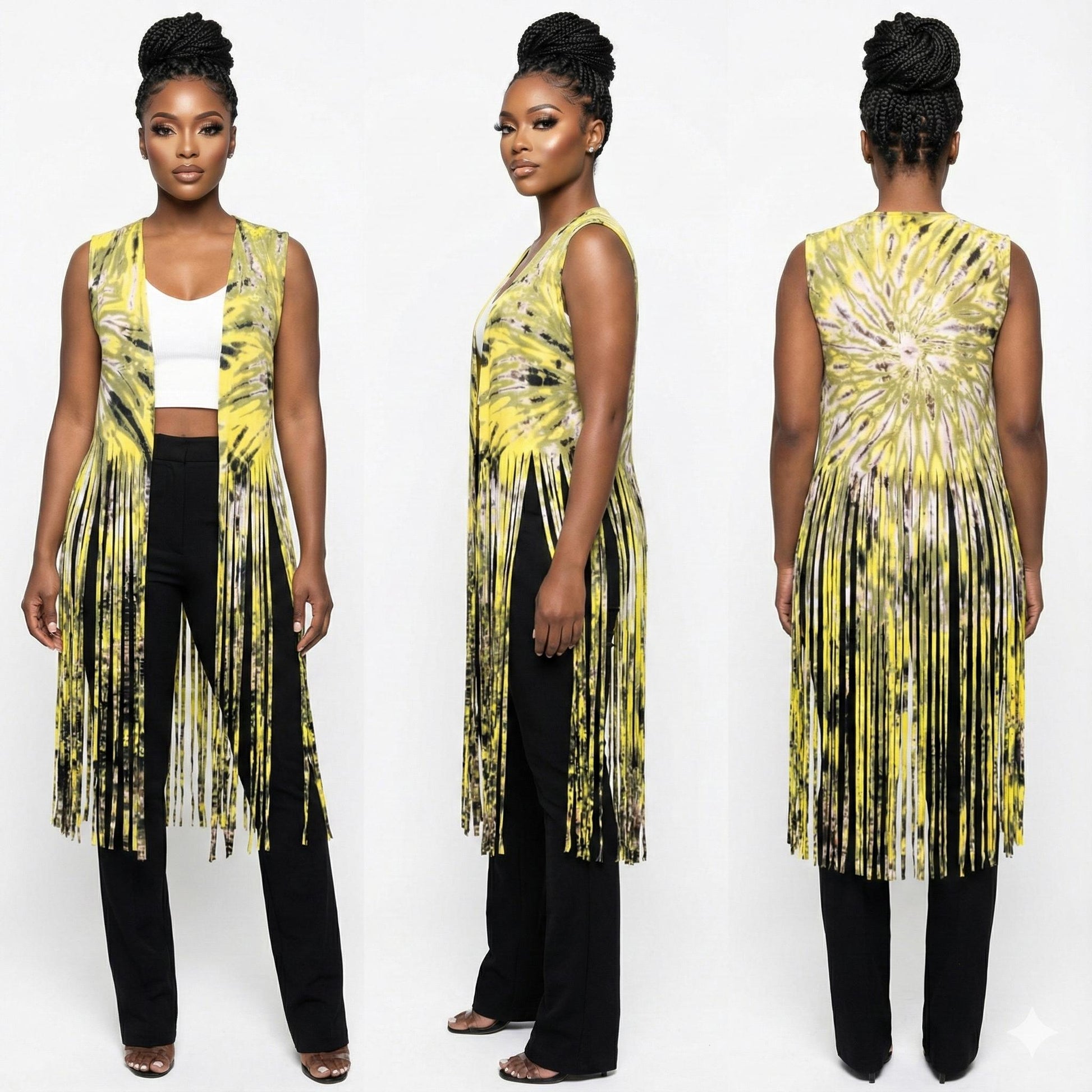 Woman wearing a yellow and black vest  fringe details, shown from front, side, and back views.