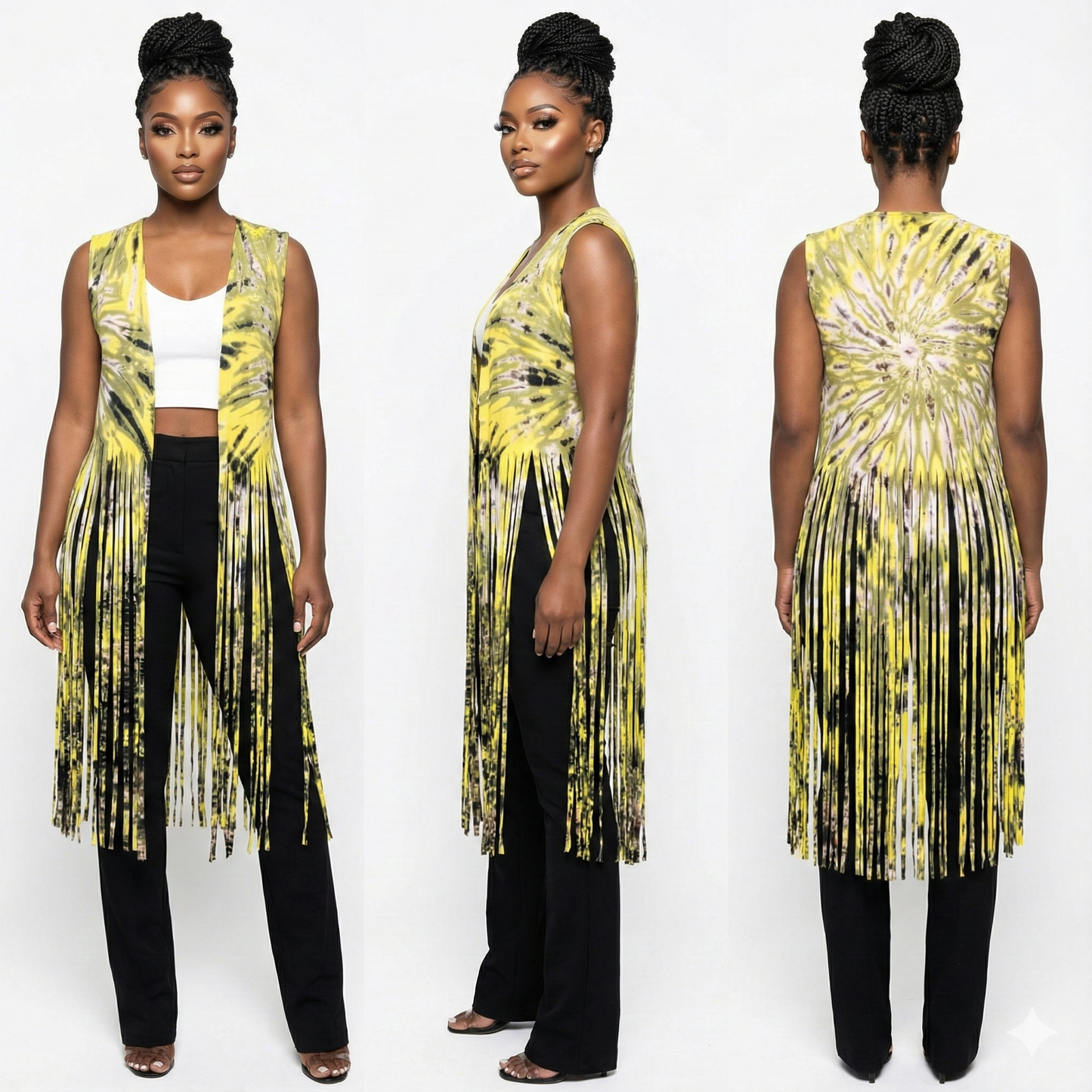 Woman wearing a yellow and black vest  fringe details, shown from front, side, and back views.