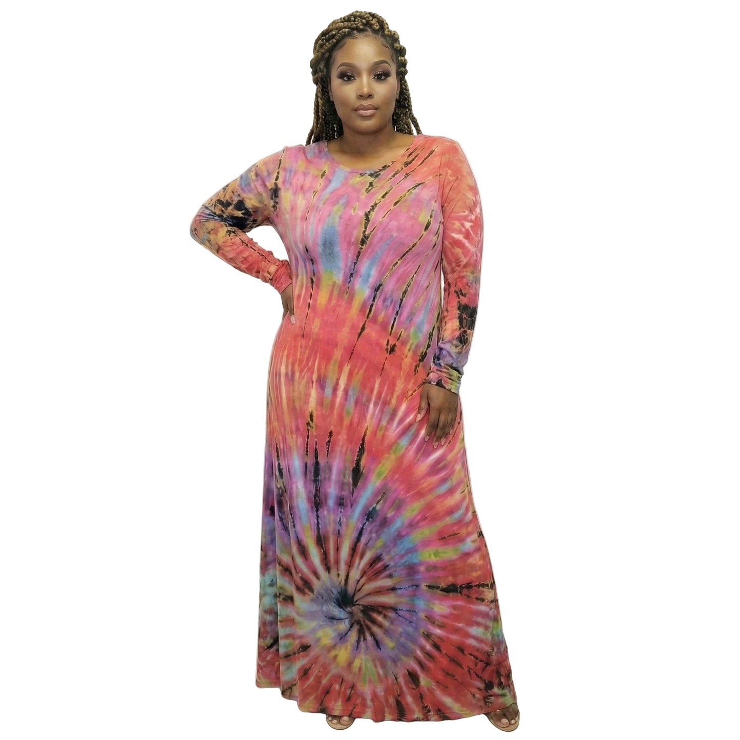 Woman wearing a tie-dye dress with long sleeves on a white background