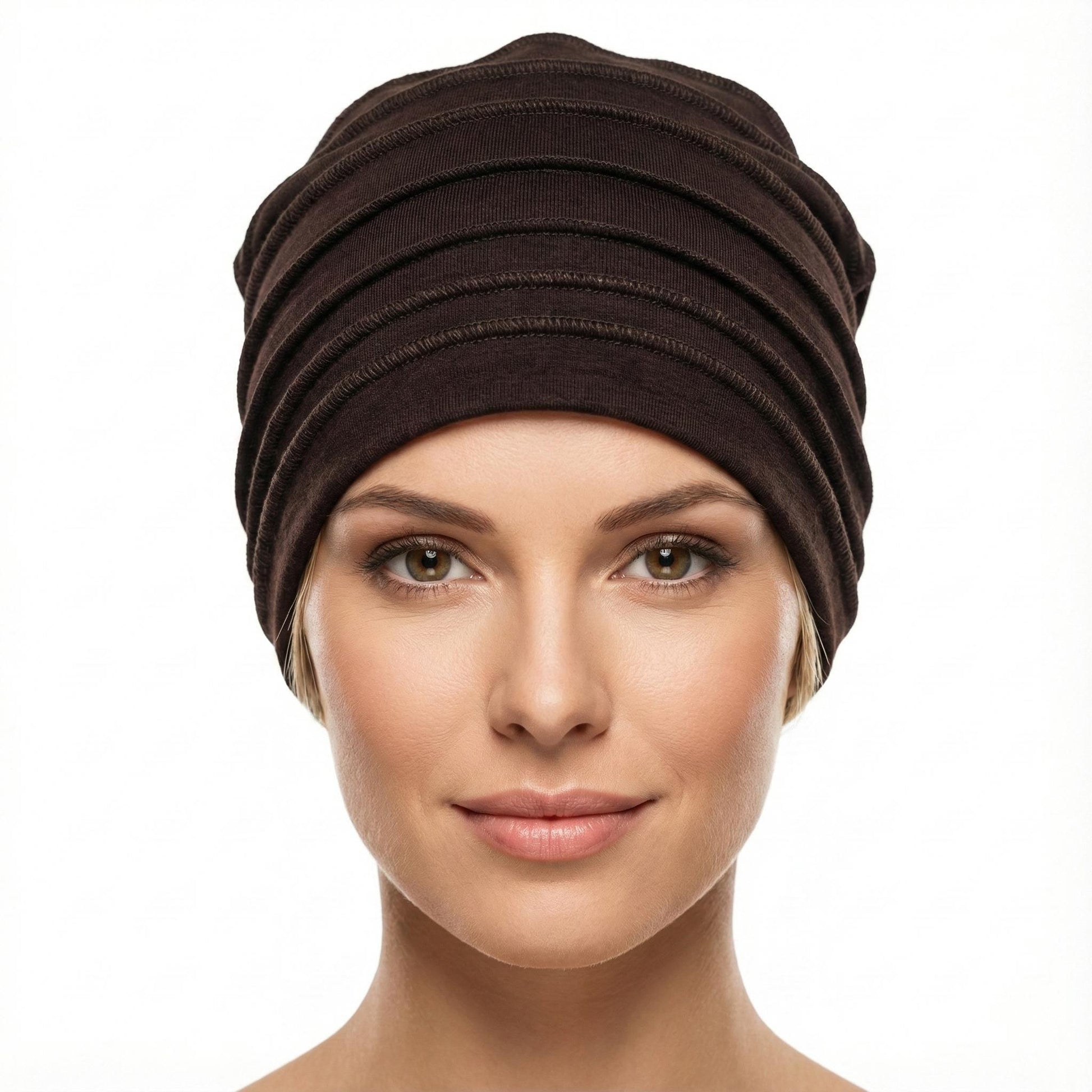 Woman wearing a brown hat on a white background-Sanjules