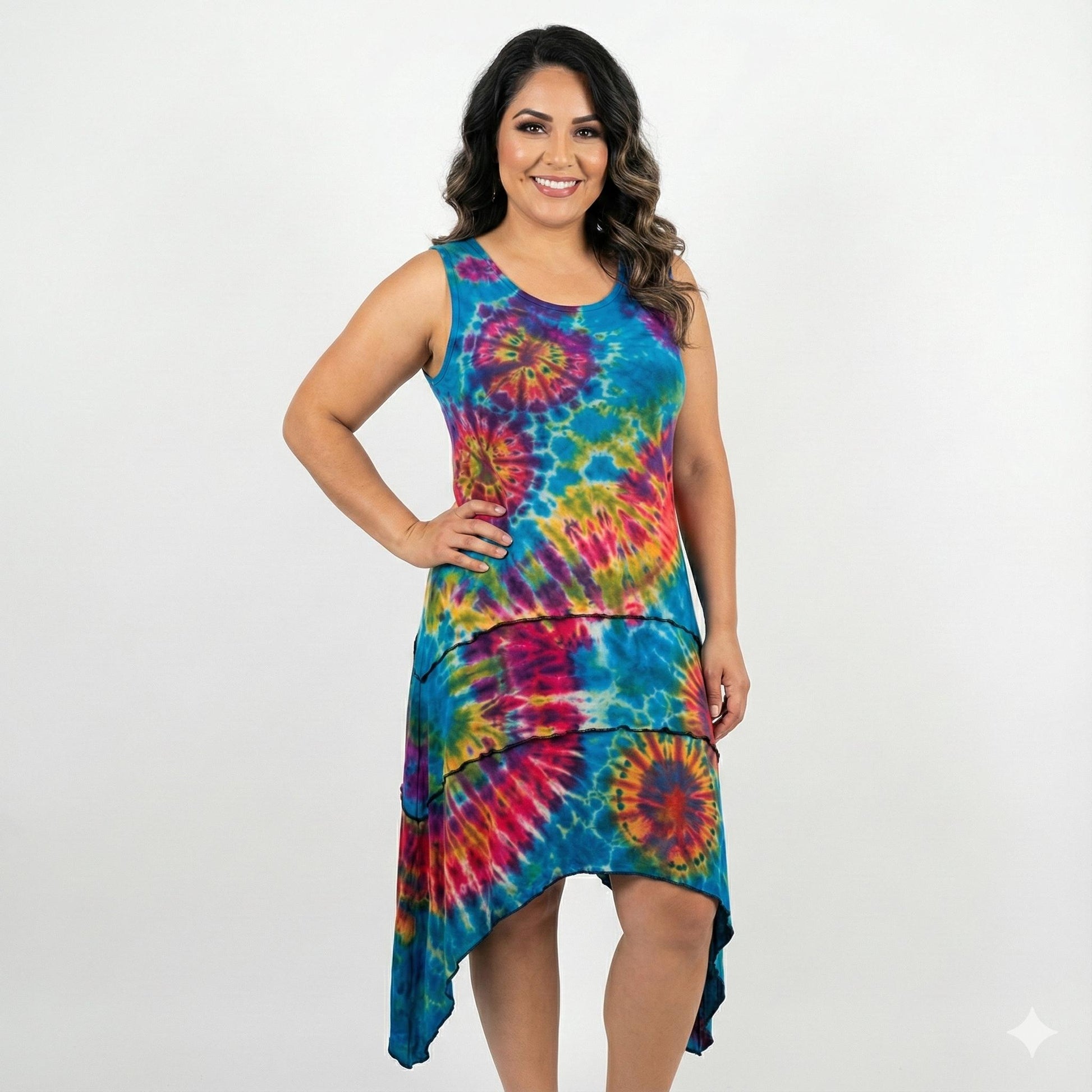 Woman wearing a colorful tie-dye dress on a white background