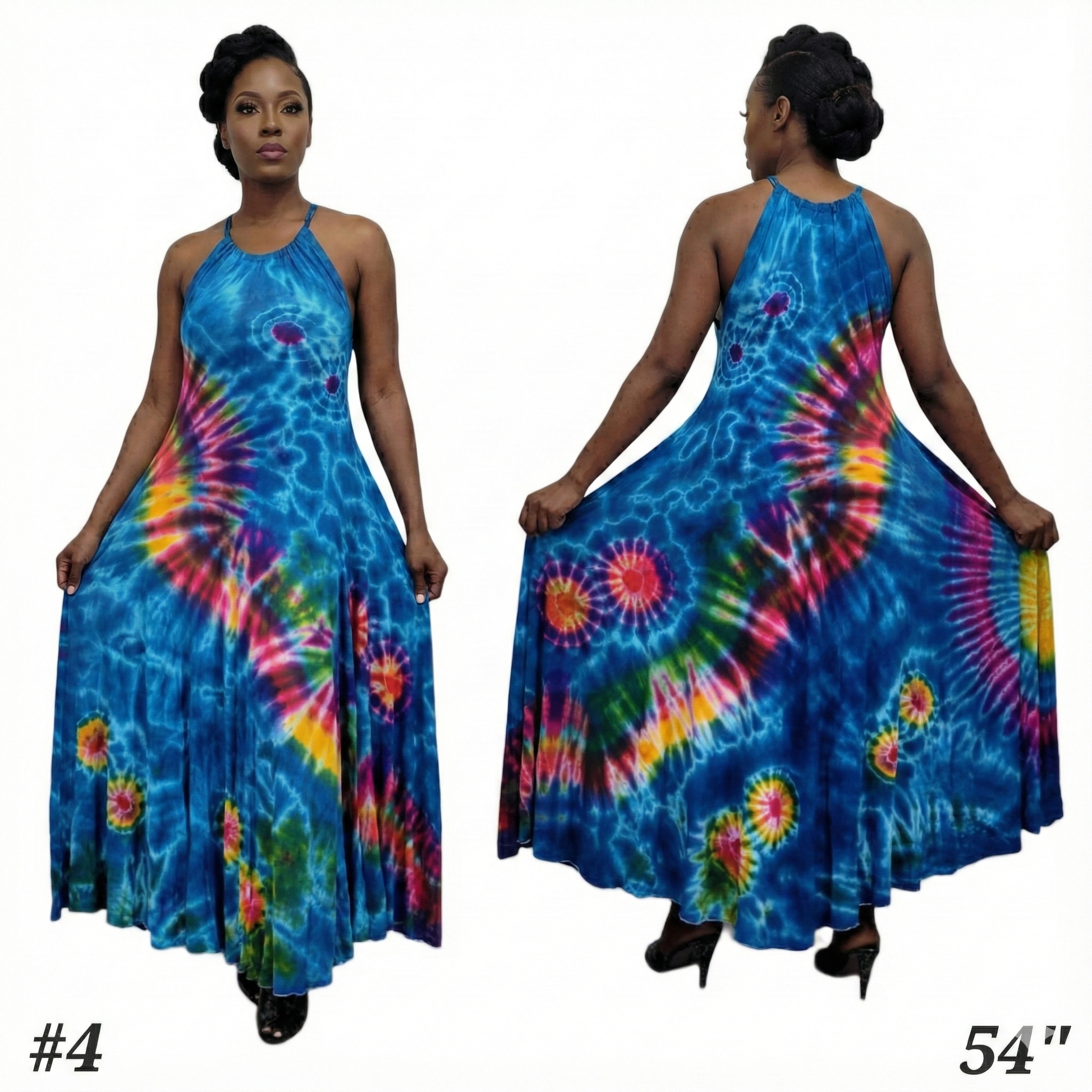 Tie-dye dress shown from front and back on a white background