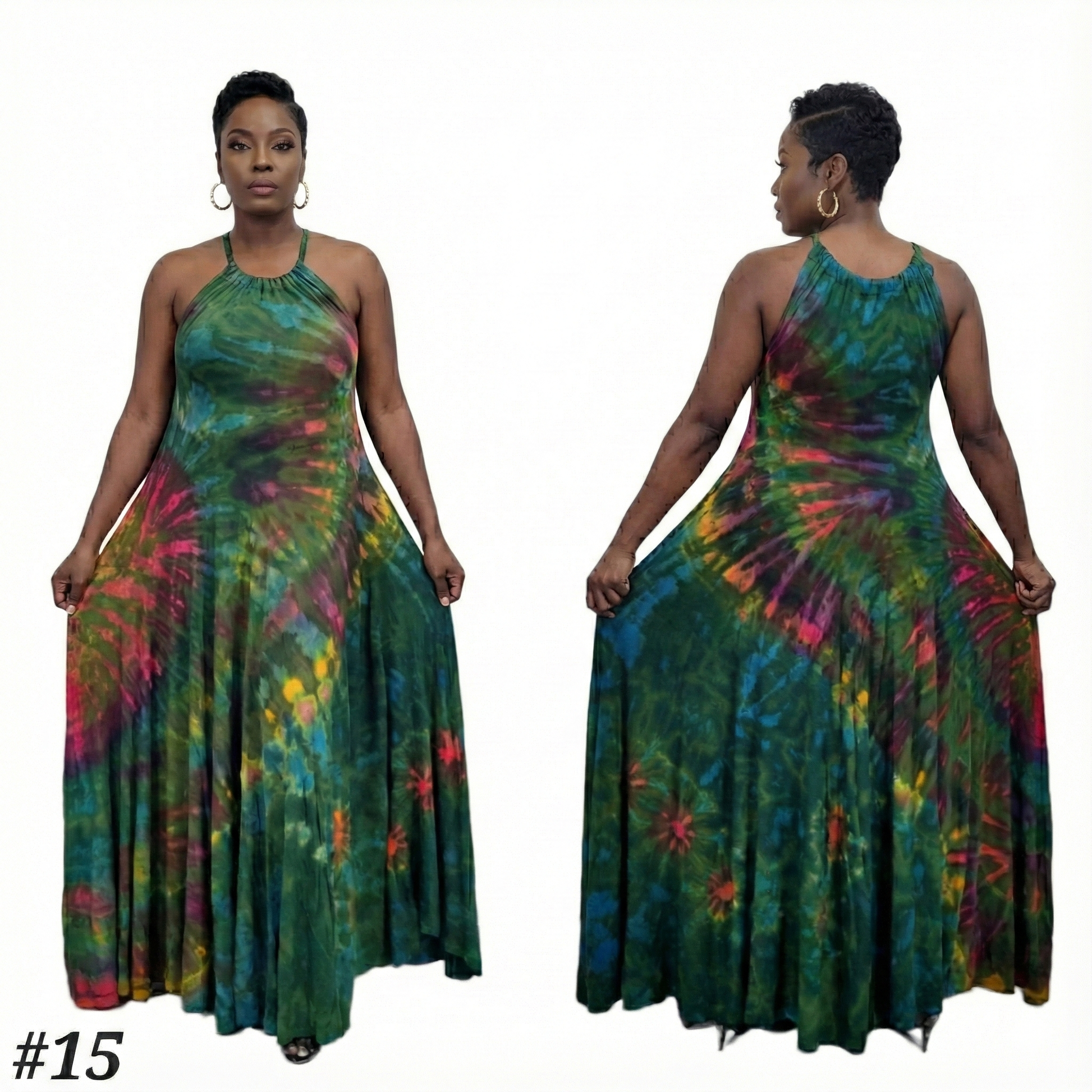 Multicolored tie-dye dress worn by a model on a white background