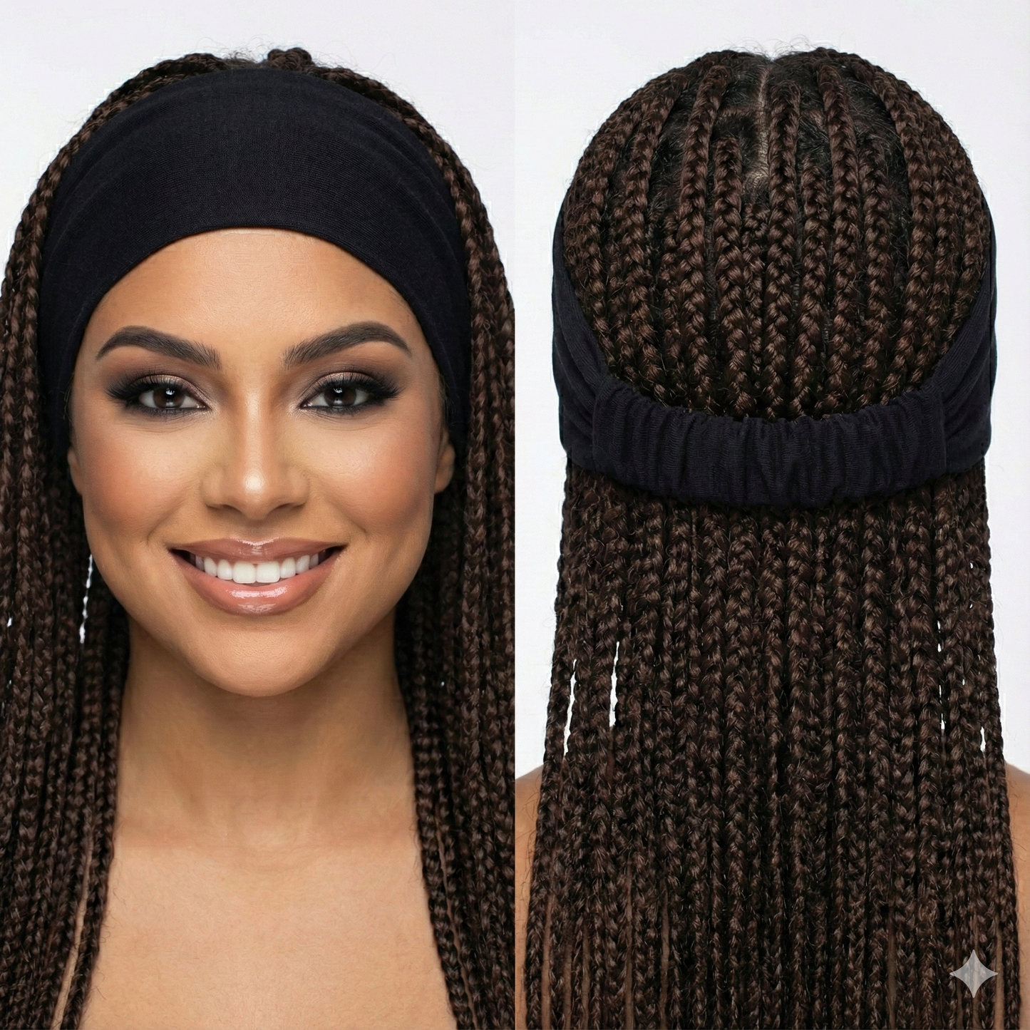 Woman with braided hair and a close-up of a black headband with braided extensions on a white background