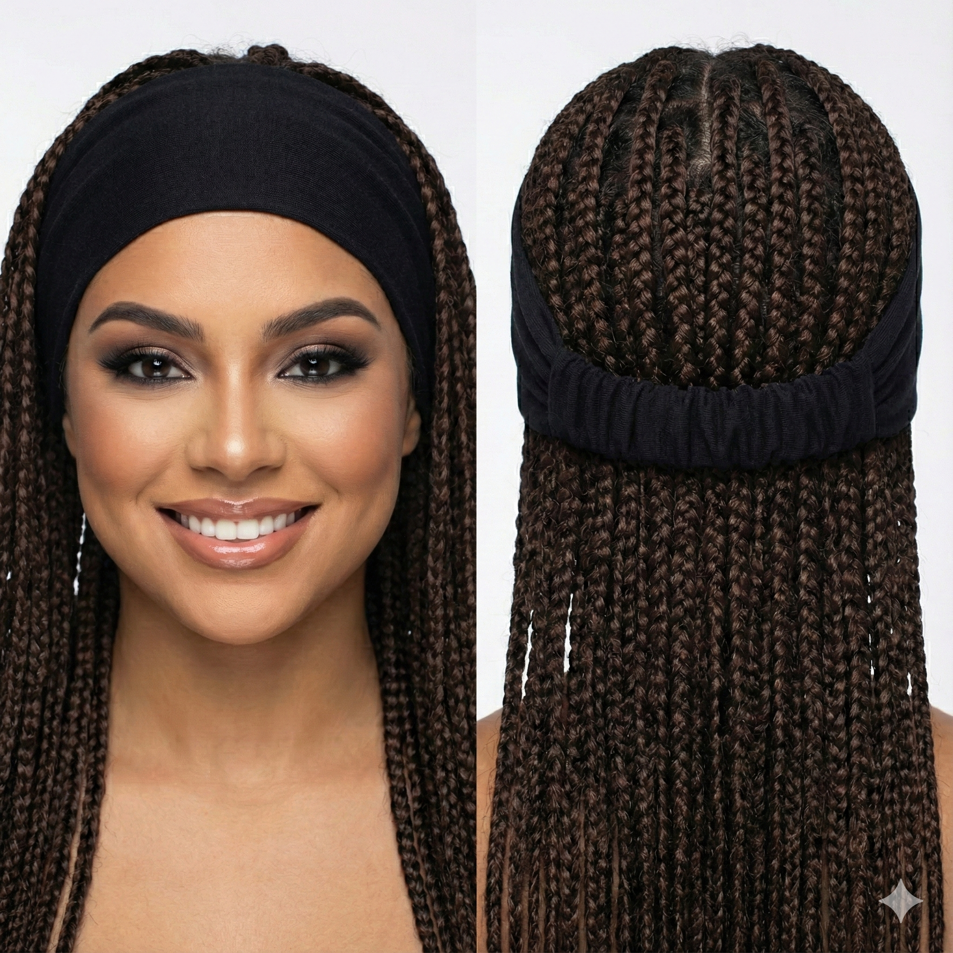 Woman with braided hair and a close-up of a black headband with braided extensions on a white background