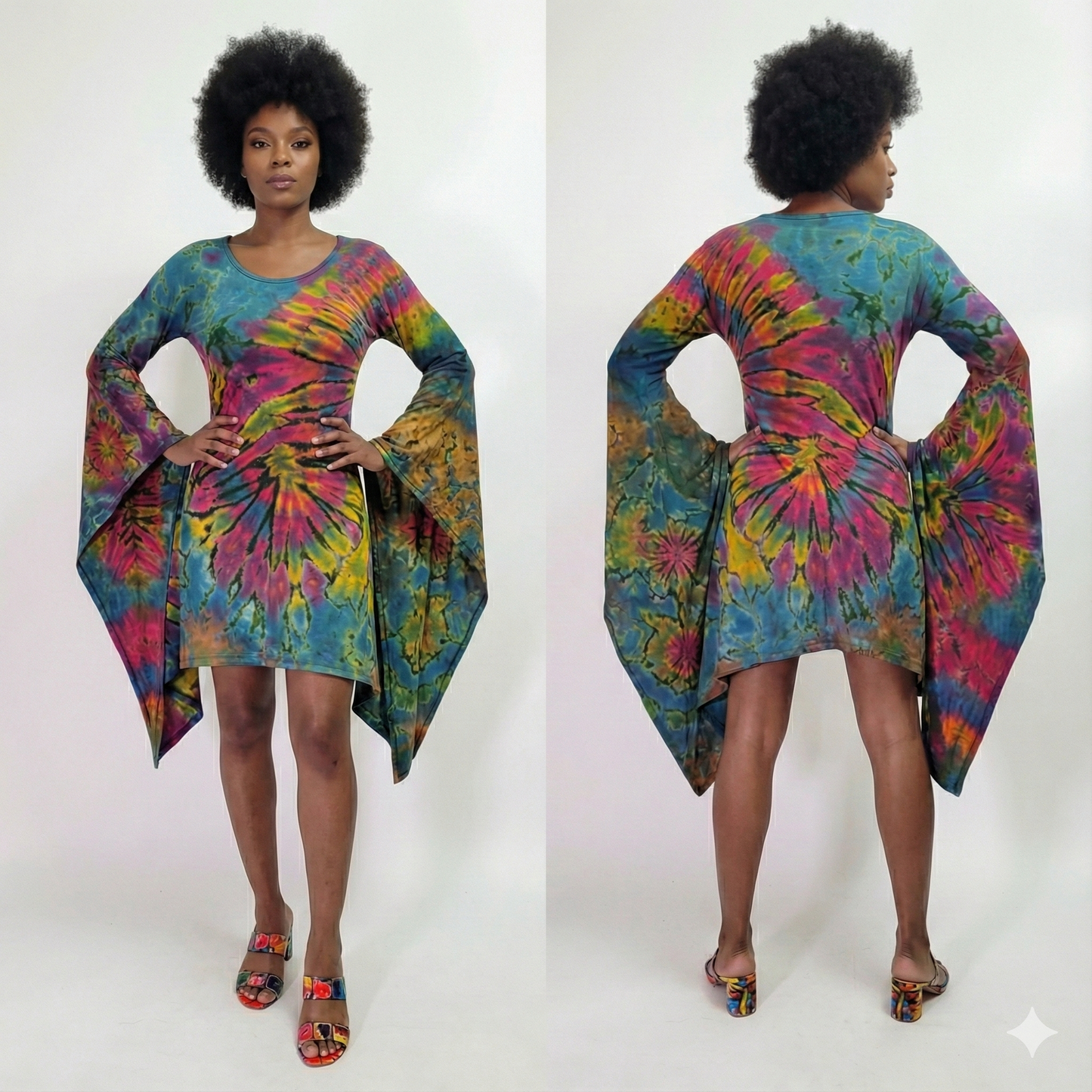 Model wearing a colorful tie-dye dress from front and back views on a white background