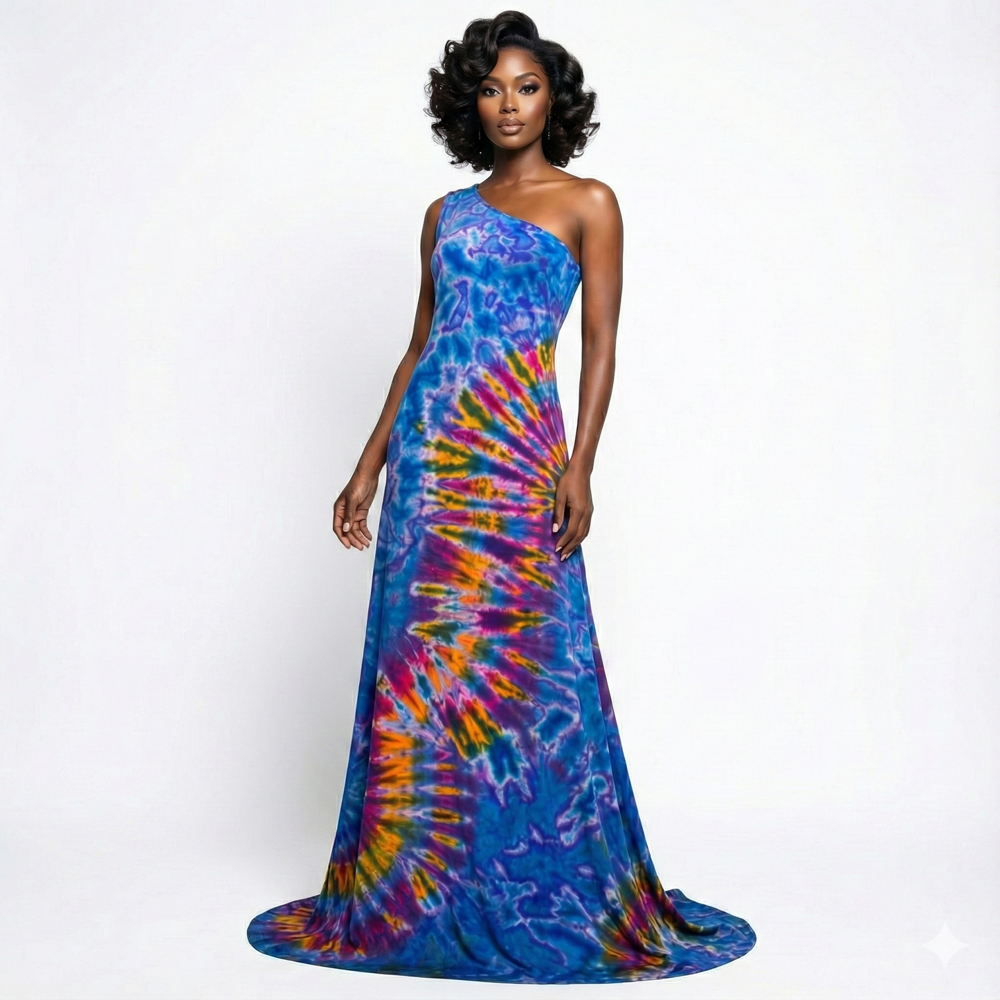 Woman wearing a colorful tie-dye one-shoulder dress on a white background
