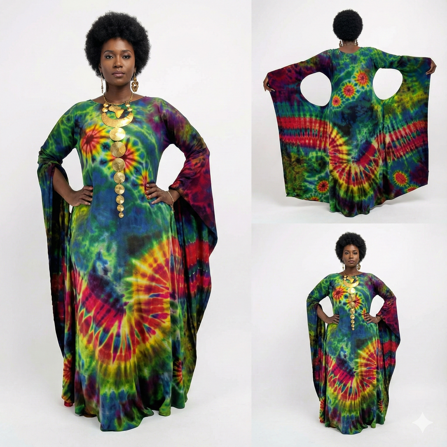Colorful tie-dye dress worn by a model on a white background