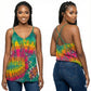 Woman wearing a colorful tie-dye tank top with front and back views on a white background