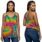 Woman wearing a colorful tie-dye tank top with front and back views on a white background