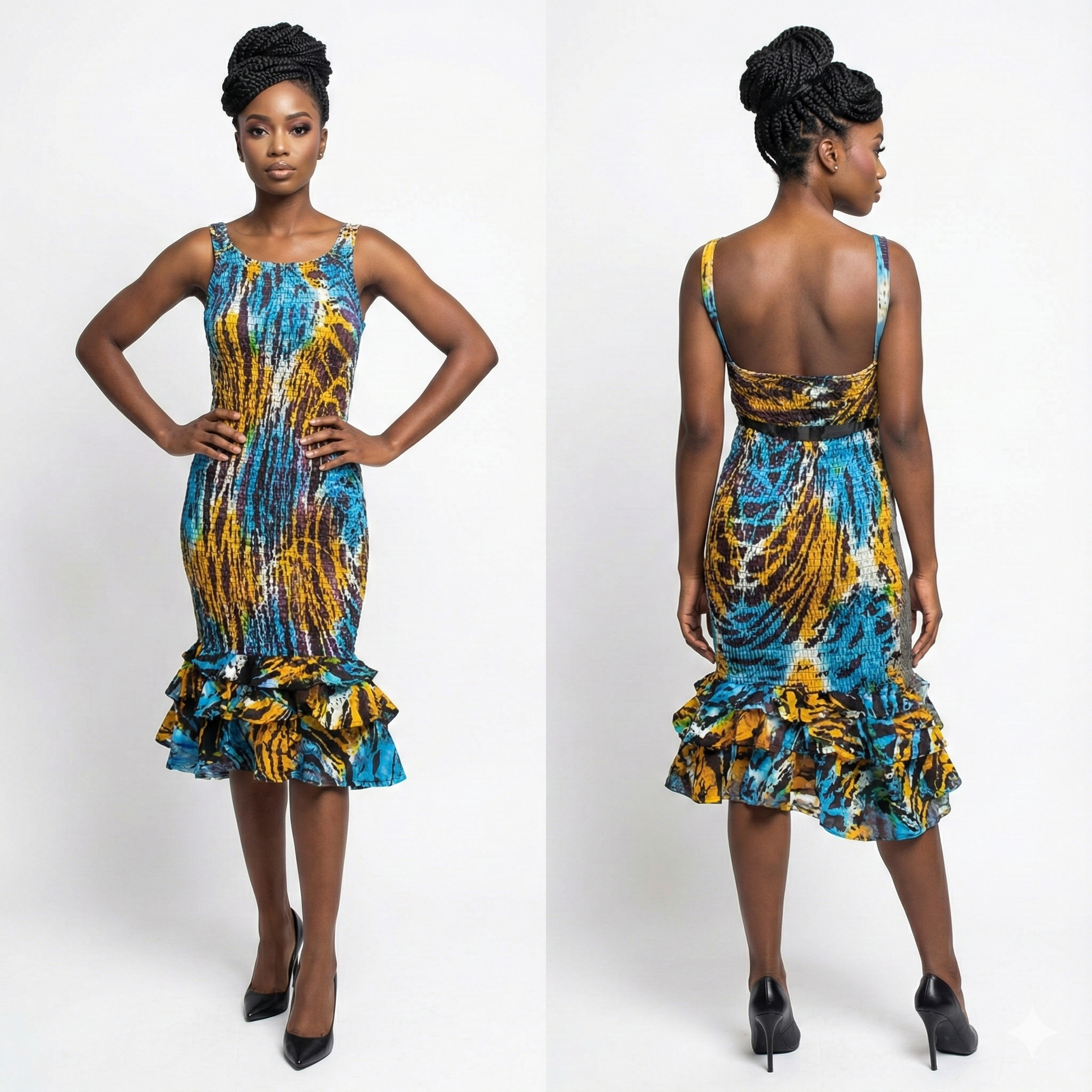 Woman wearing a colorful dress with ruffled hem, shown from front and back on a white background.