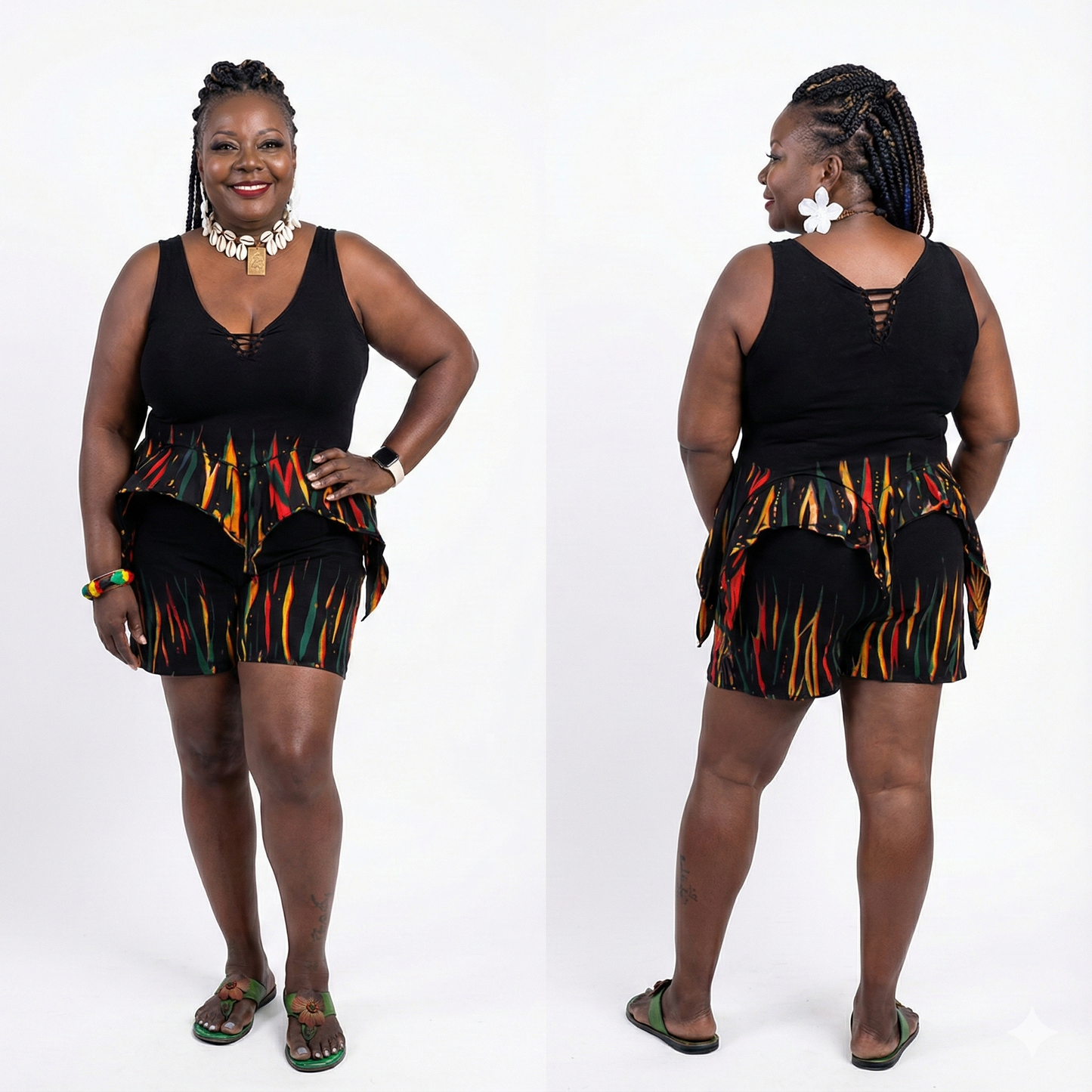Woman wearing a black sleeveless top and colorful shorts on a white background