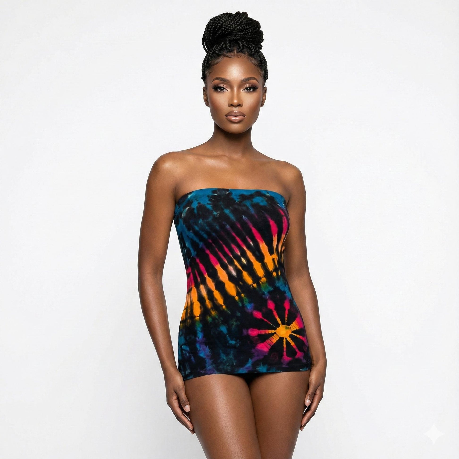 Woman wearing a colorful tie-dye strapless dress on a white background