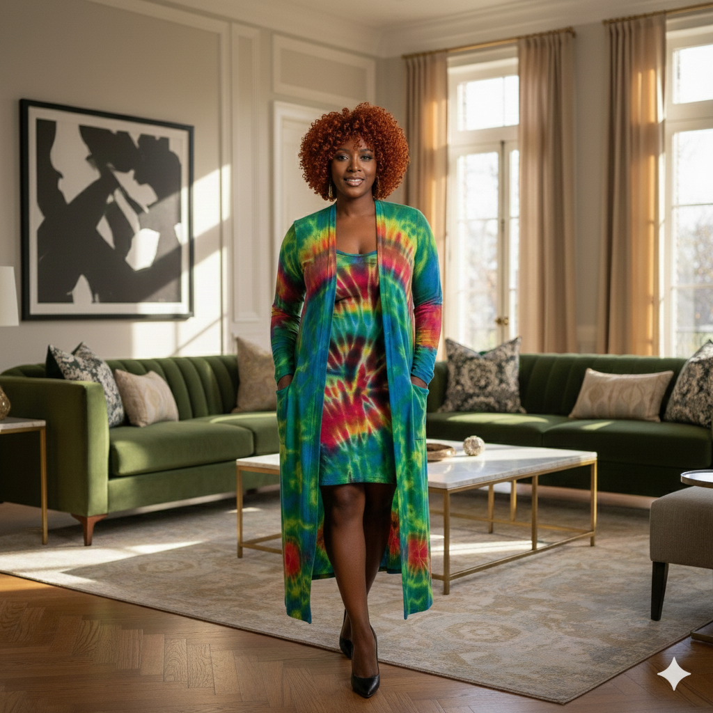 Woman in a colorful tie-dye duster standing in a living room with green sofas and large windows.