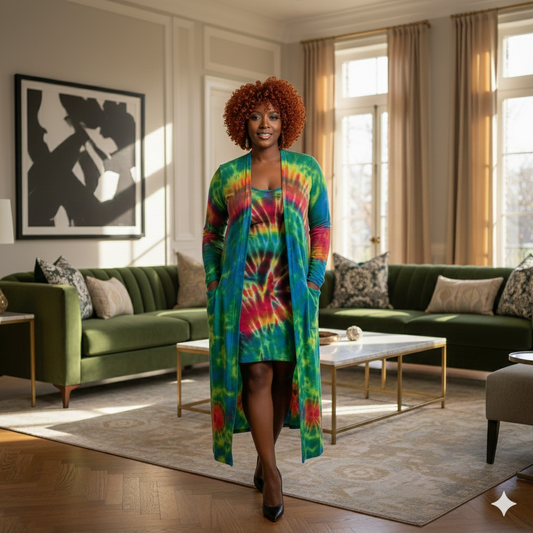 Woman in a colorful tie-dye duster standing in a living room with green sofas and large windows.