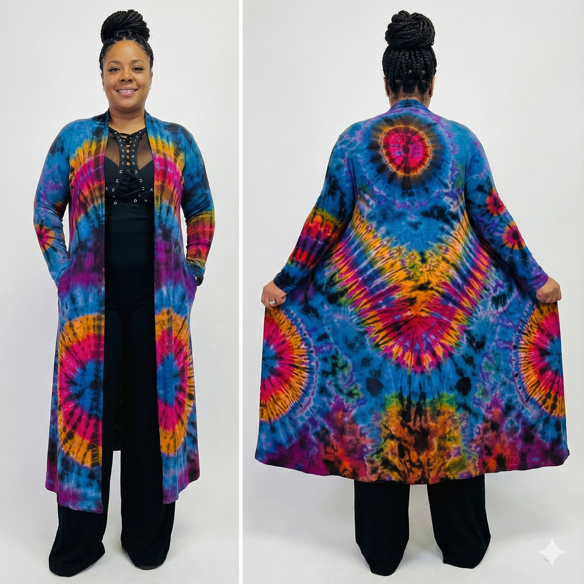 Person wearing a colorful tie-dye cardigan on a white background