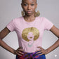 Pink Foxy Gold Afro Women's T-Shirt with rhinestone disco diva design and reflective film.