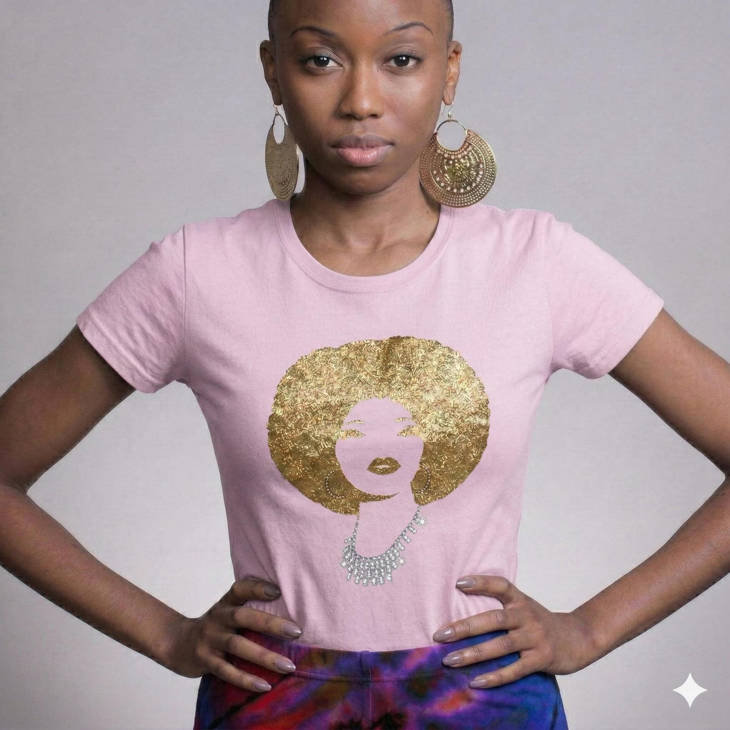 Pink Foxy Gold Afro Women's T-Shirt with rhinestone disco diva design and reflective film.