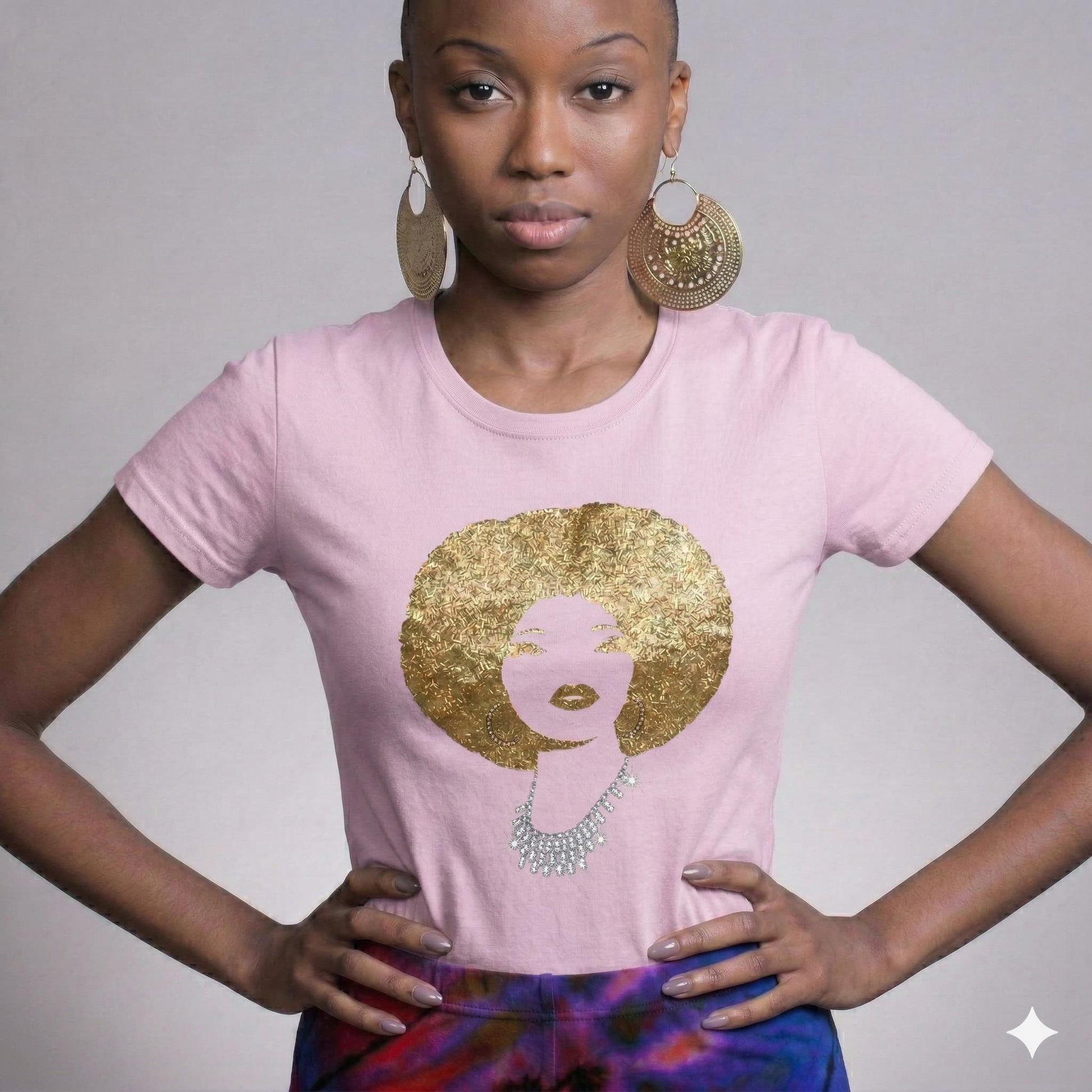 Pink Foxy Gold Afro Women's T-Shirt with rhinestone disco diva design and reflective film.