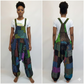 Person wearing a colorful patchwork overalls with front and back views on a white background.
