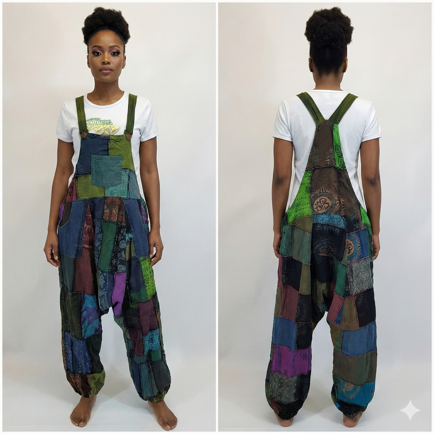 Person wearing a colorful patchwork overalls with front and back views on a white background.