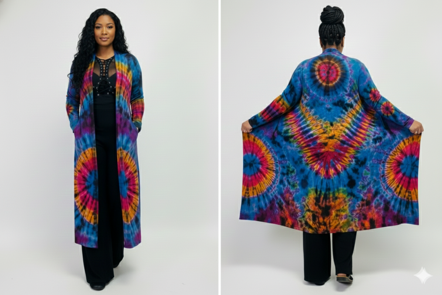 Woman wearing a tie-dye cardigan on a white background-Sanjules