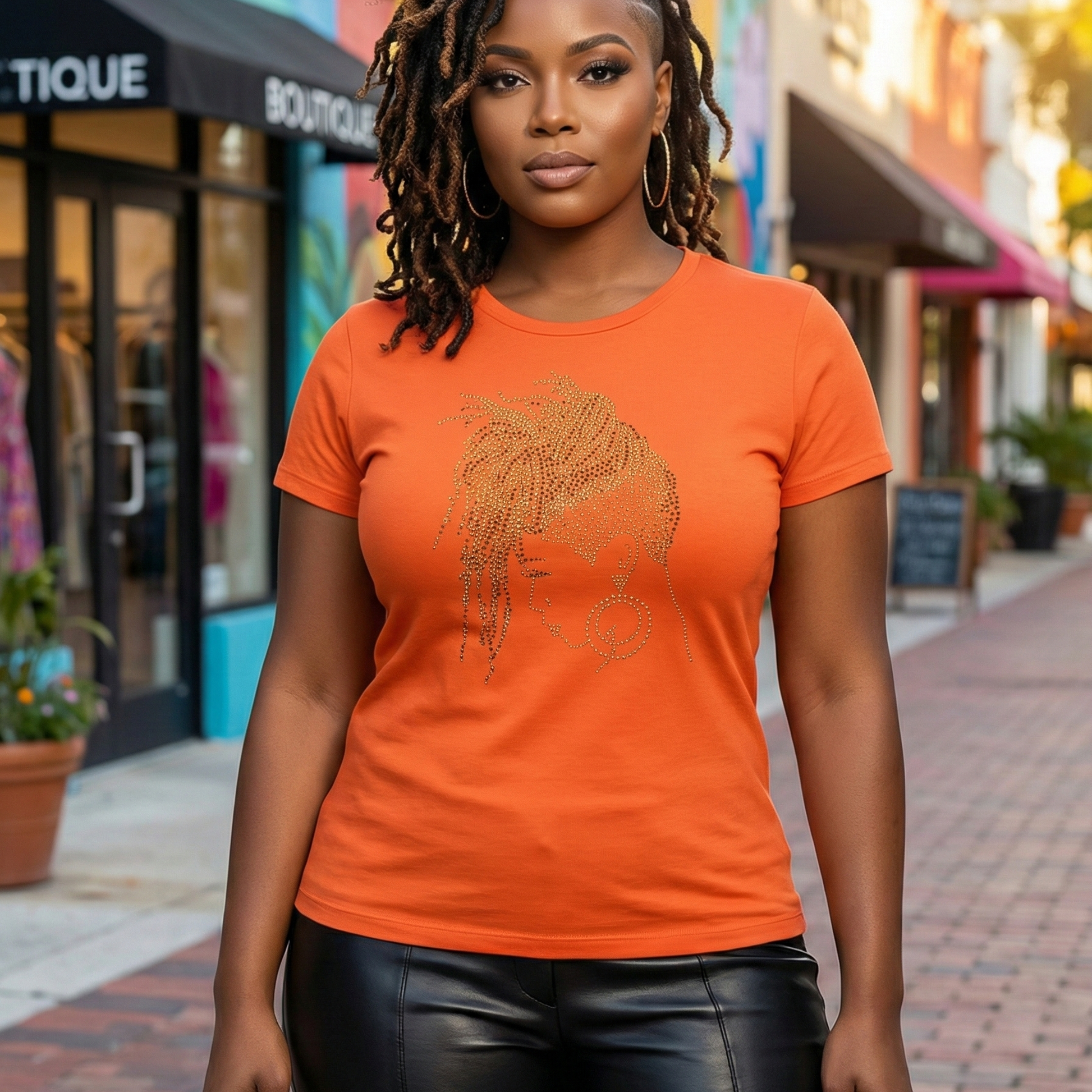 Woman in an orange Loc Dreams rhinestone natural hair t-shirt and black leather pants.