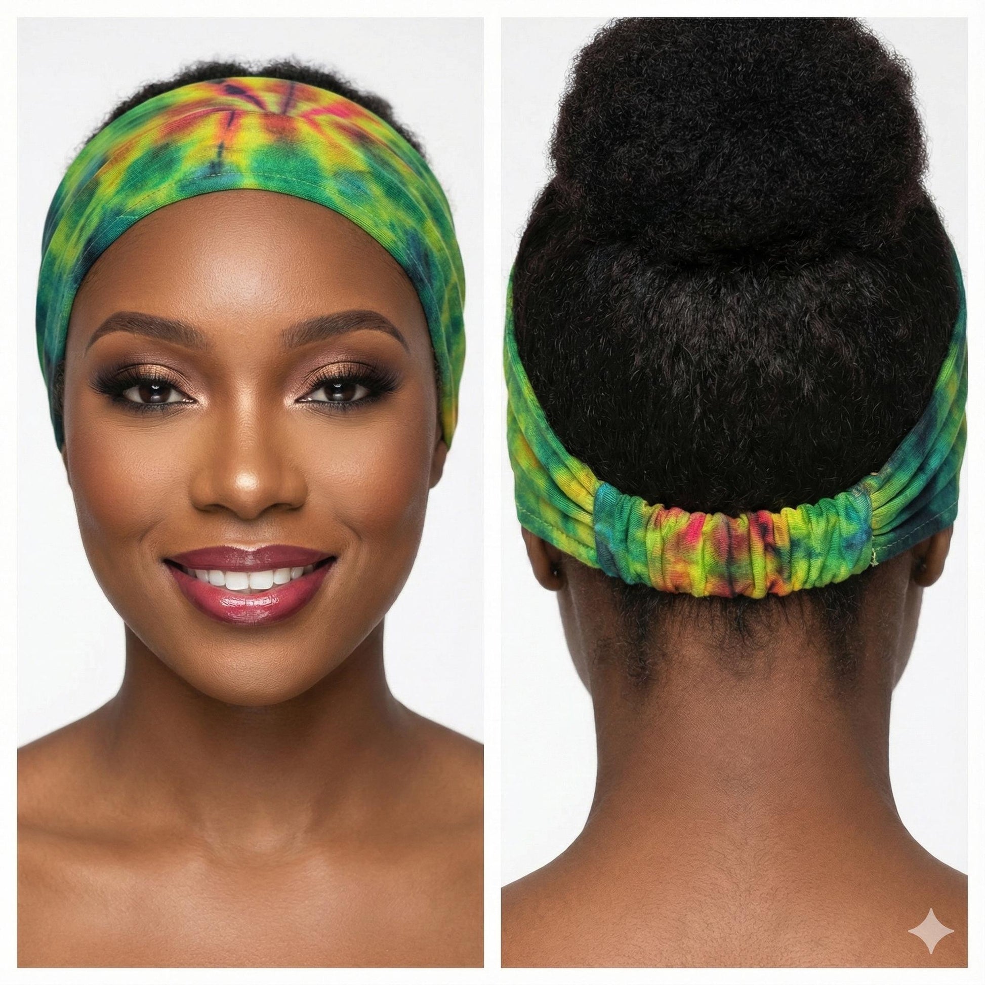 Tie-dye headband worn by a model on a white background