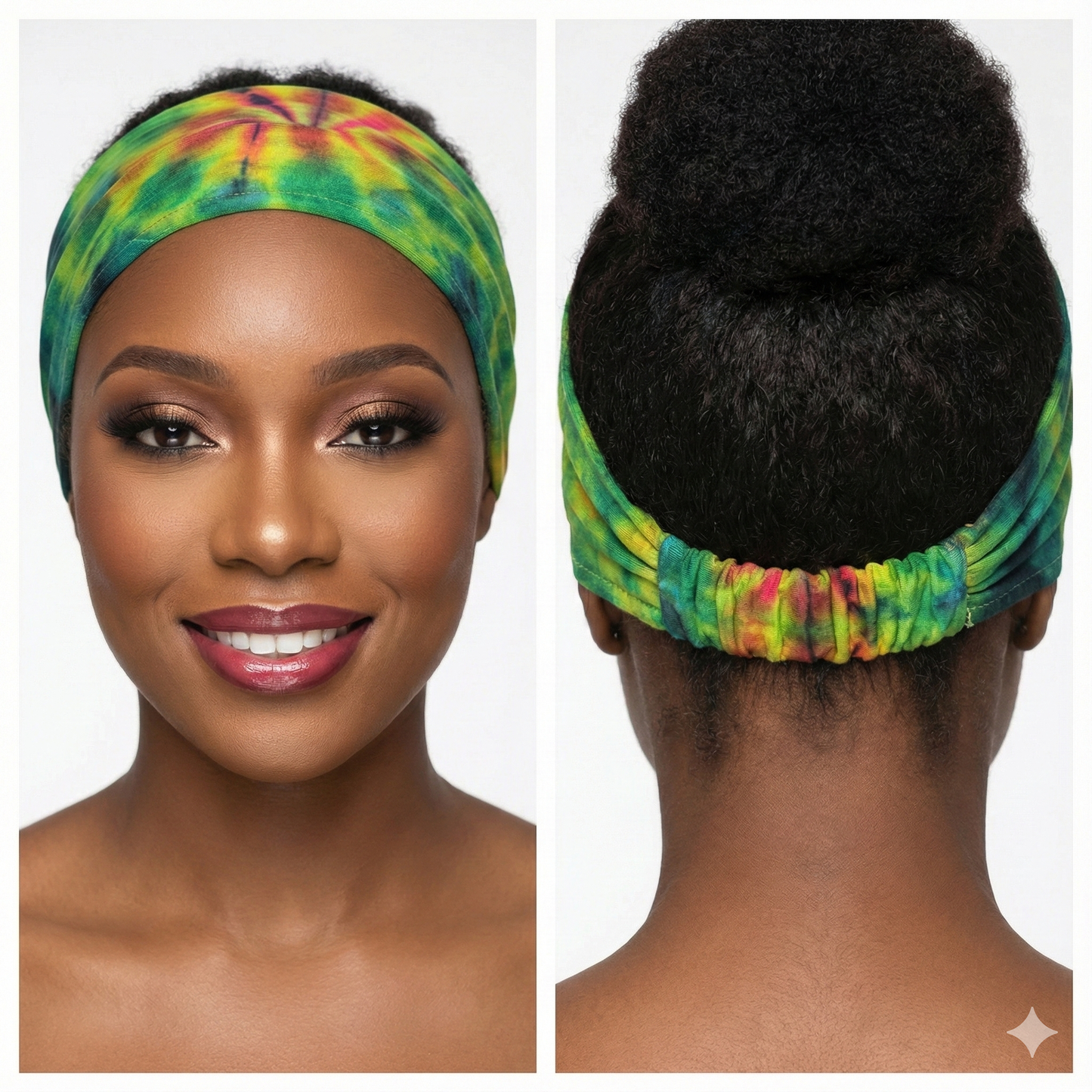 Tie-dye headband worn by a model on a white background