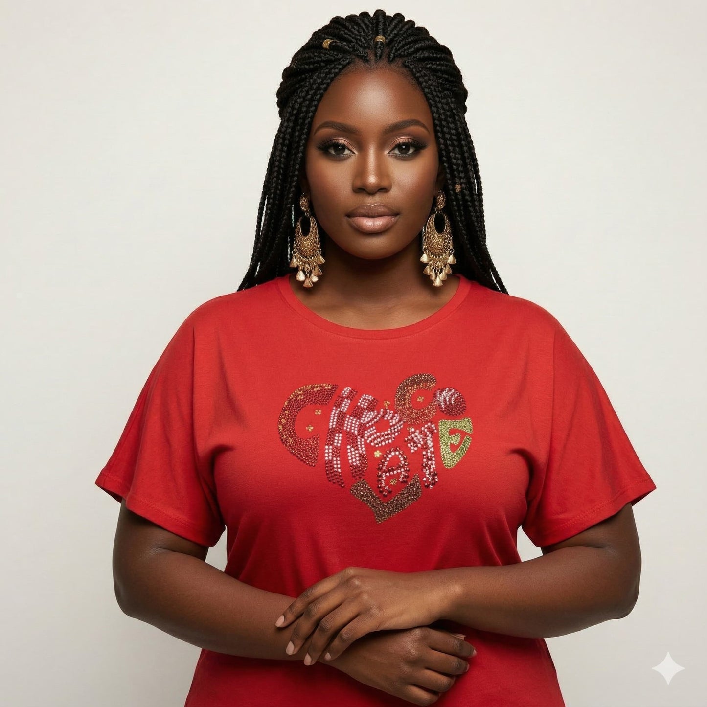 Woman in a red "I Love Chocolate" rhinestone t-shirt with pearl oval stones and reflective film.