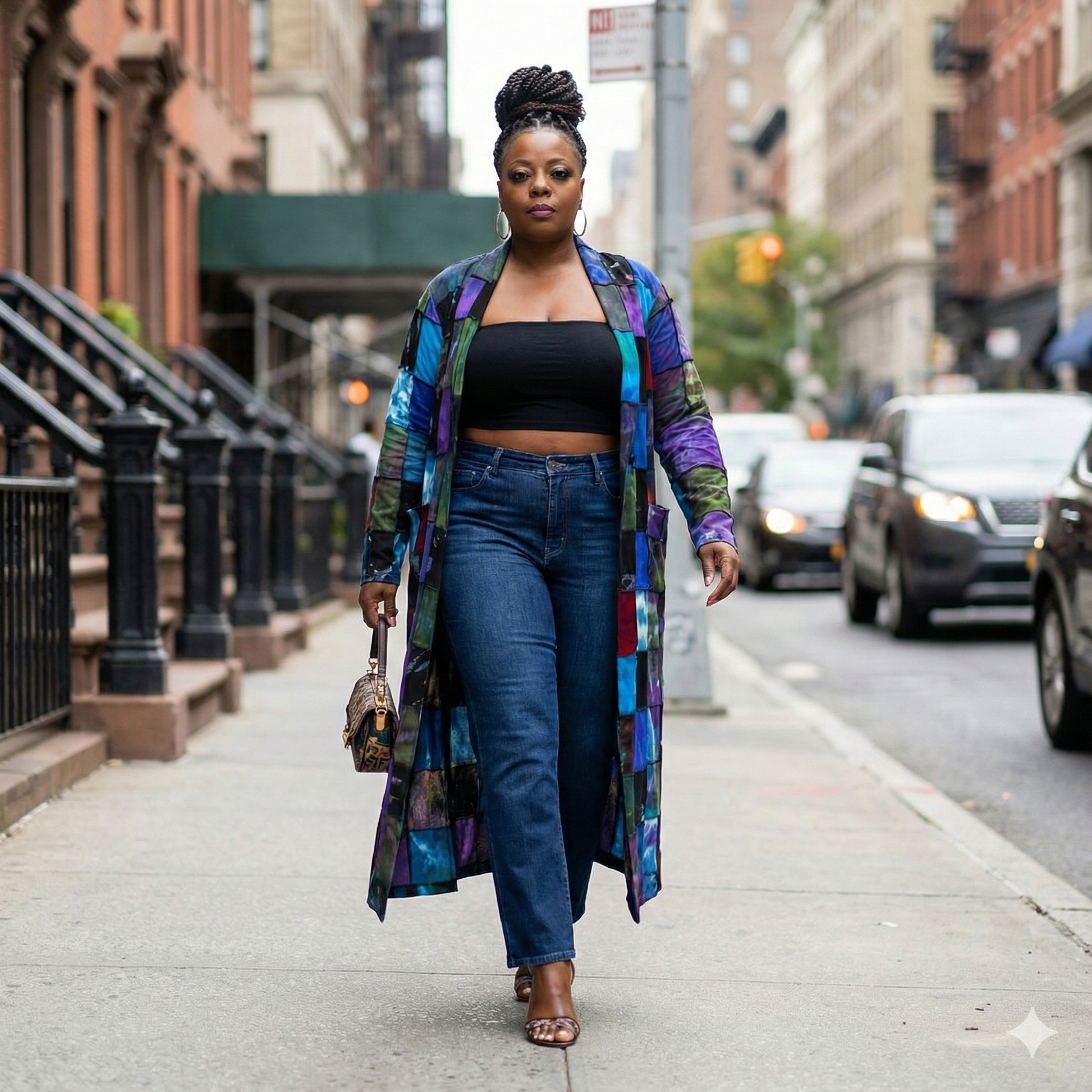 Woman in a patch duster and blue jeans walking on a city street.