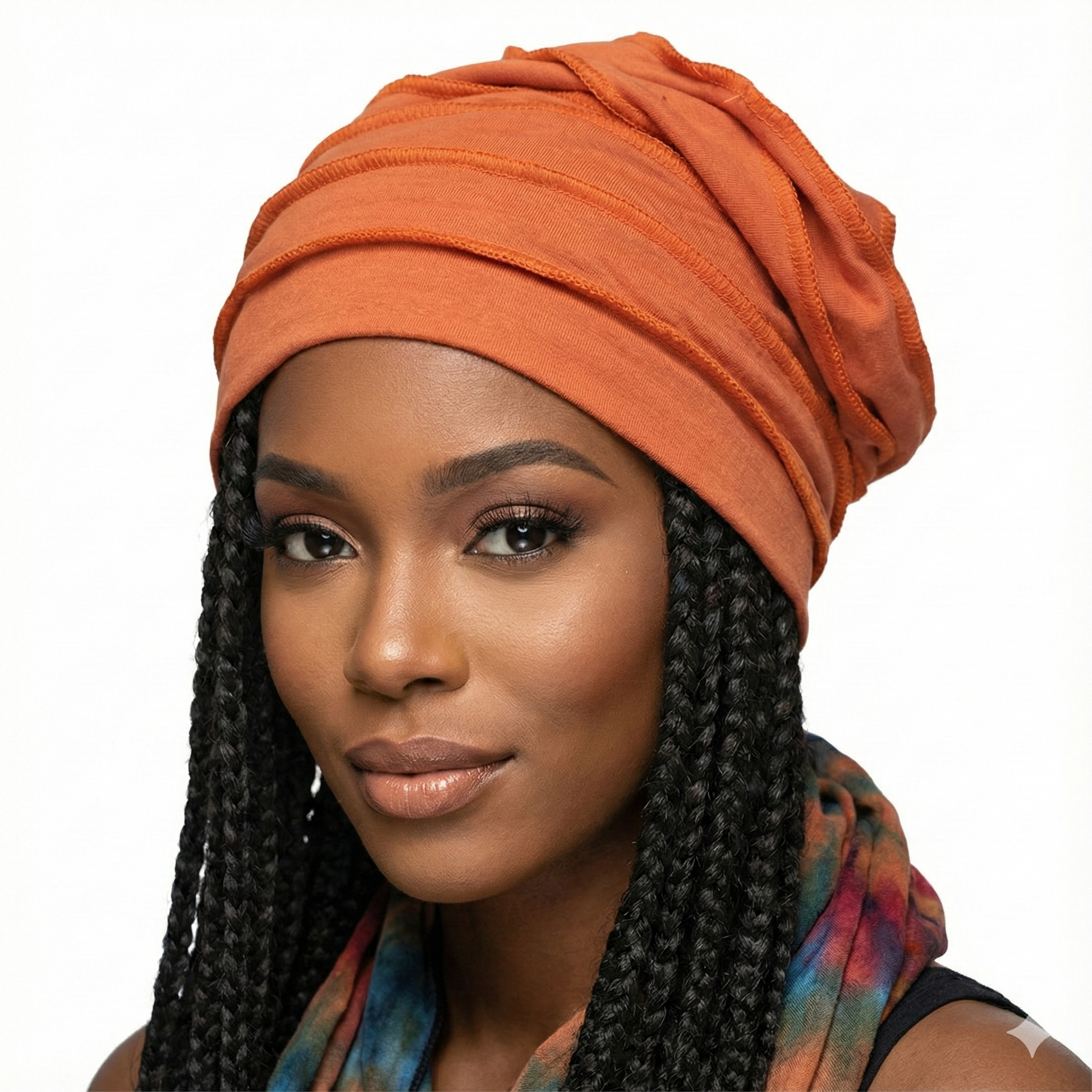 Woman wearing an orange hat with a white background