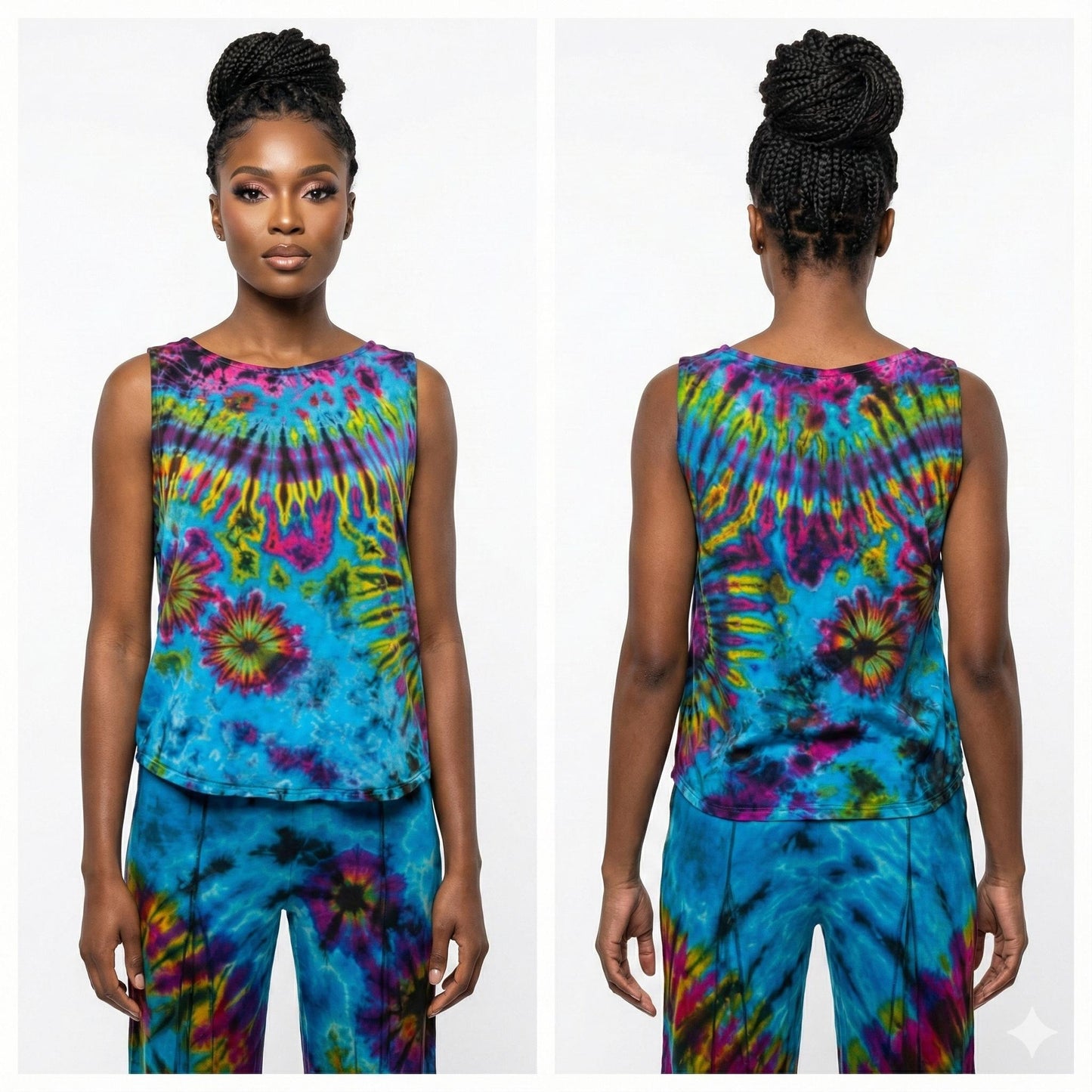 Tie-dye sleeveless top and pants set worn by a model on a white background