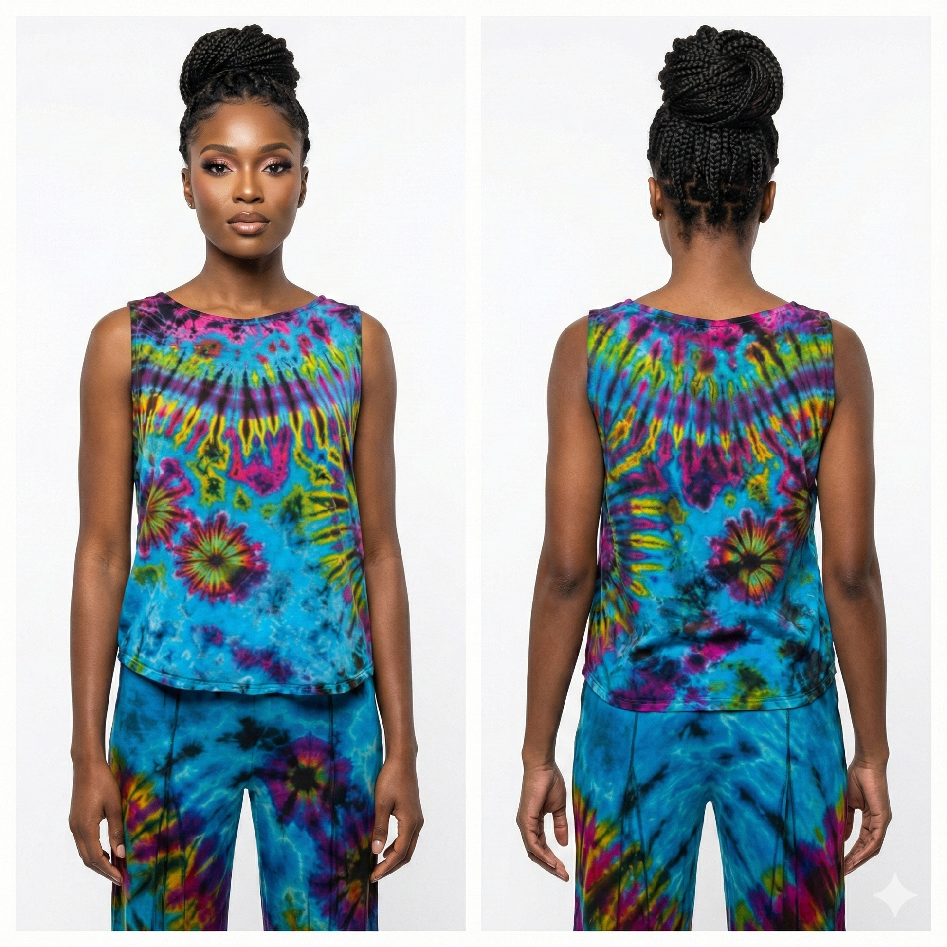 Tie-dye sleeveless top and pants set worn by a model on a white background