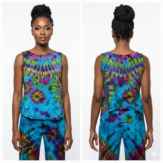 Tie-dye sleeveless top and pants set worn by a model on a white background