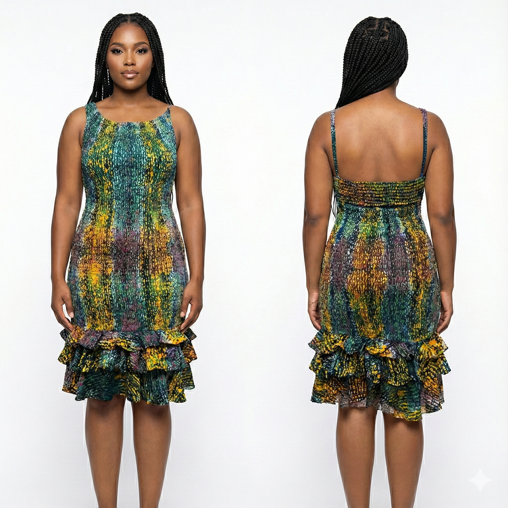 Woman wearing a colorful dress, front and back views, on a white background