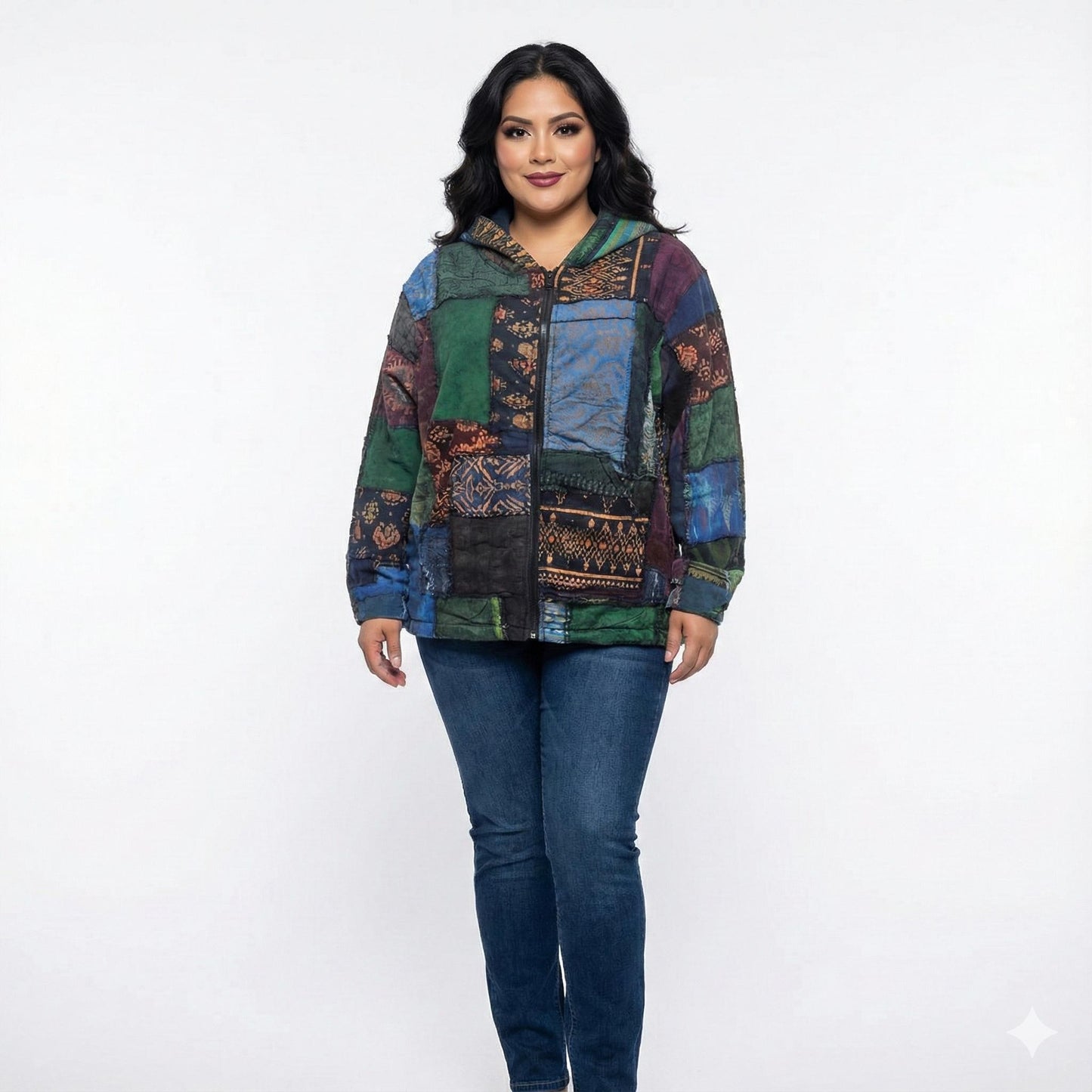 Woman wearing a colorful patchwork jacket on a white background