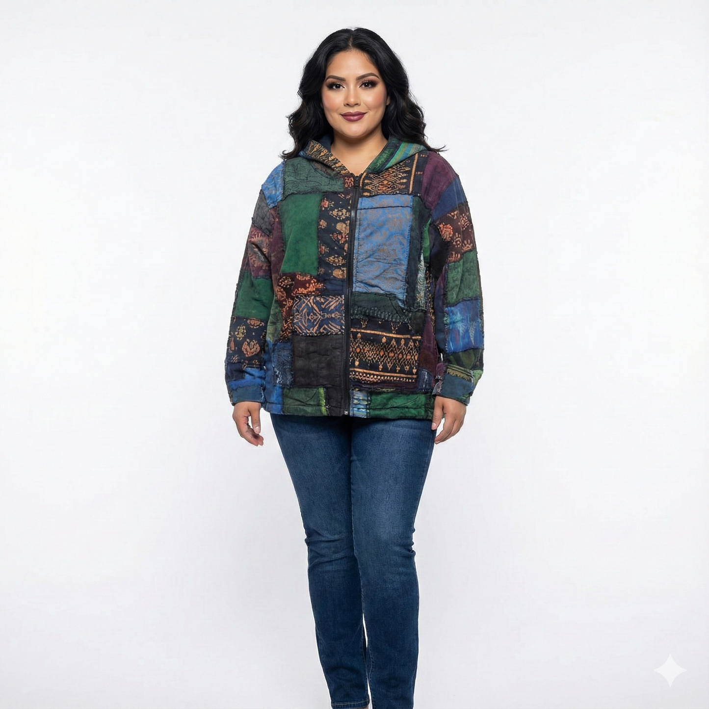 Woman wearing a colorful patchwork jacket on a white background