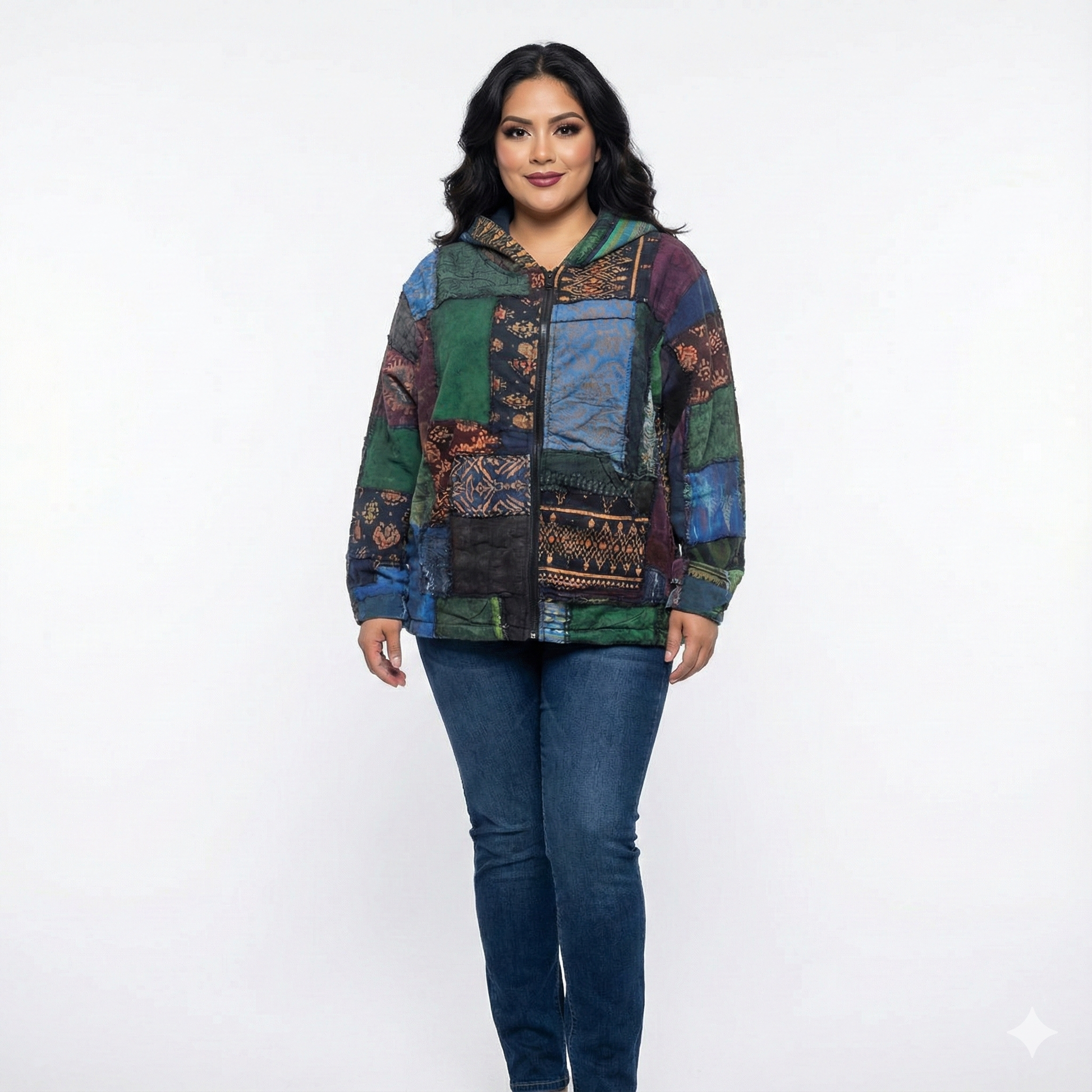 Woman wearing a colorful patchwork jacket on a white background